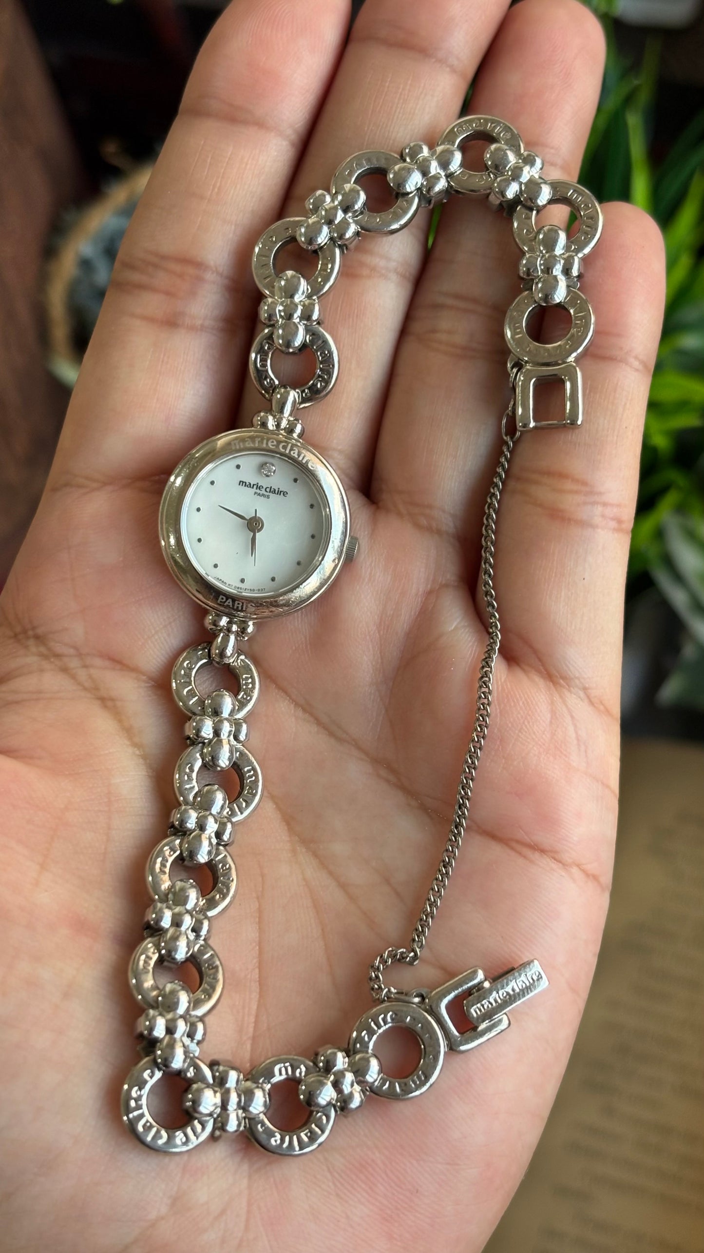 Vintage Marie Claire Paris Watch in Silver Tone Flower Straps Pearl Dial