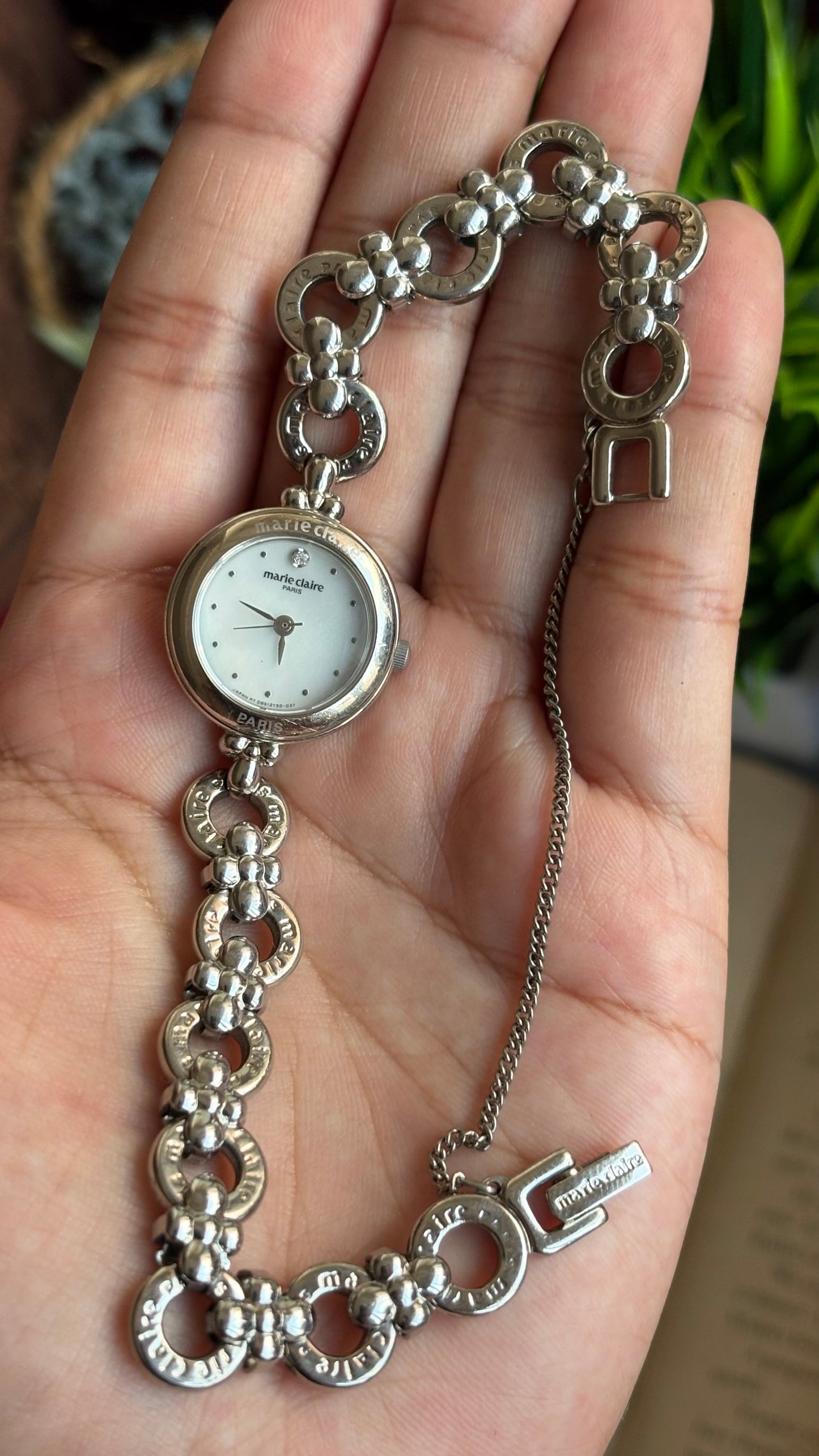 Vintage Marie Claire Paris Watch in Silver Tone Flower Straps Pearl Dial