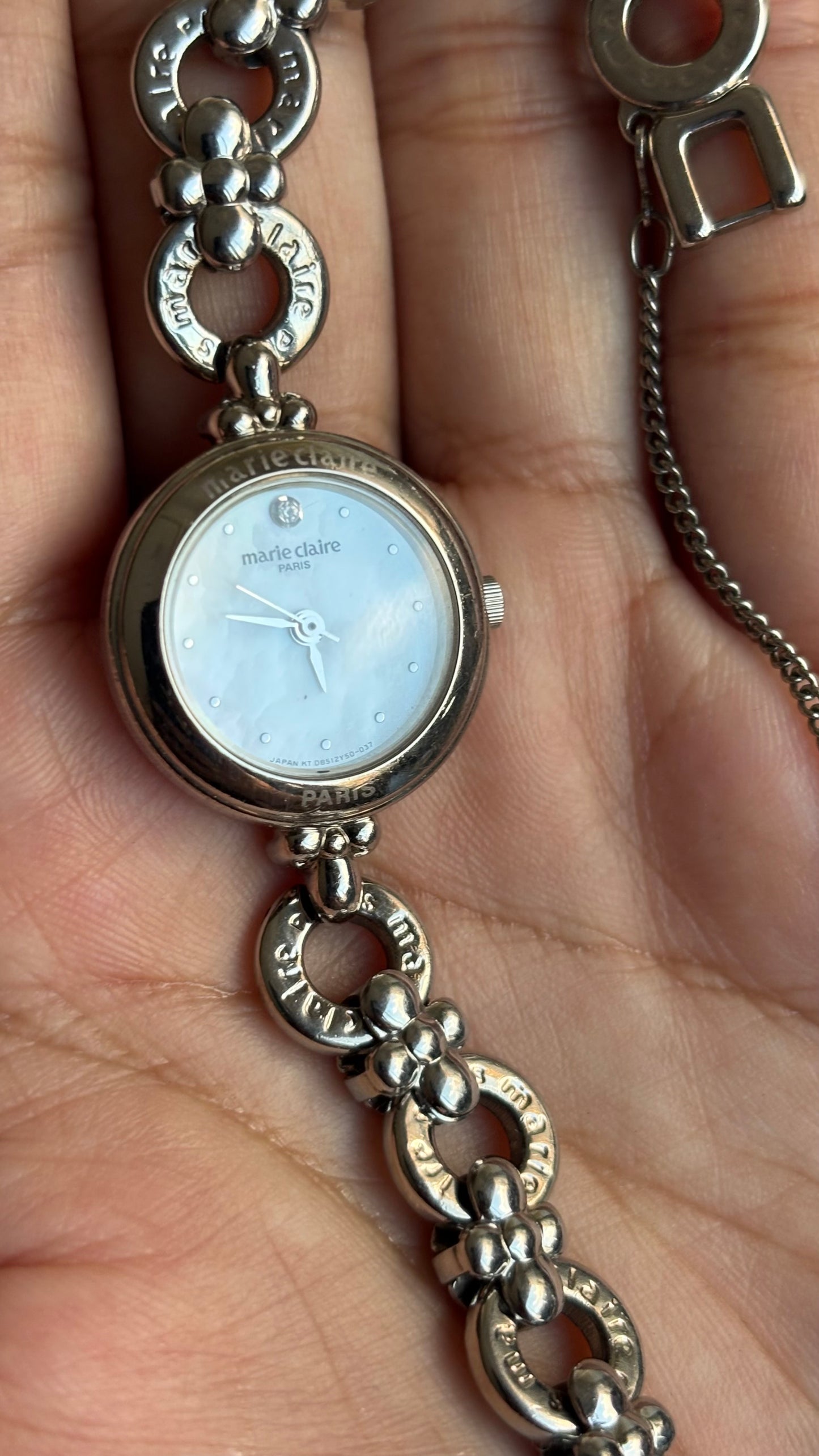 Vintage Marie Claire Paris Watch in Silver Tone Flower Straps Pearl Dial