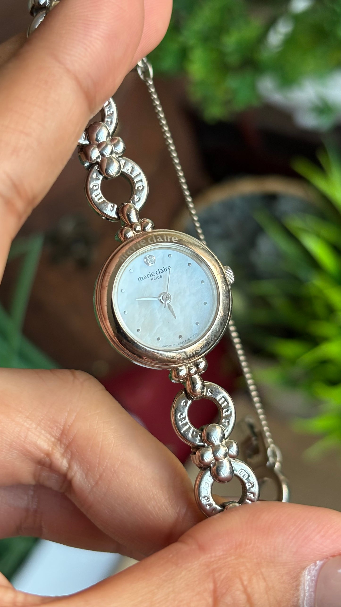 Vintage Marie Claire Paris Watch in Silver Tone Flower Straps Pearl Dial
