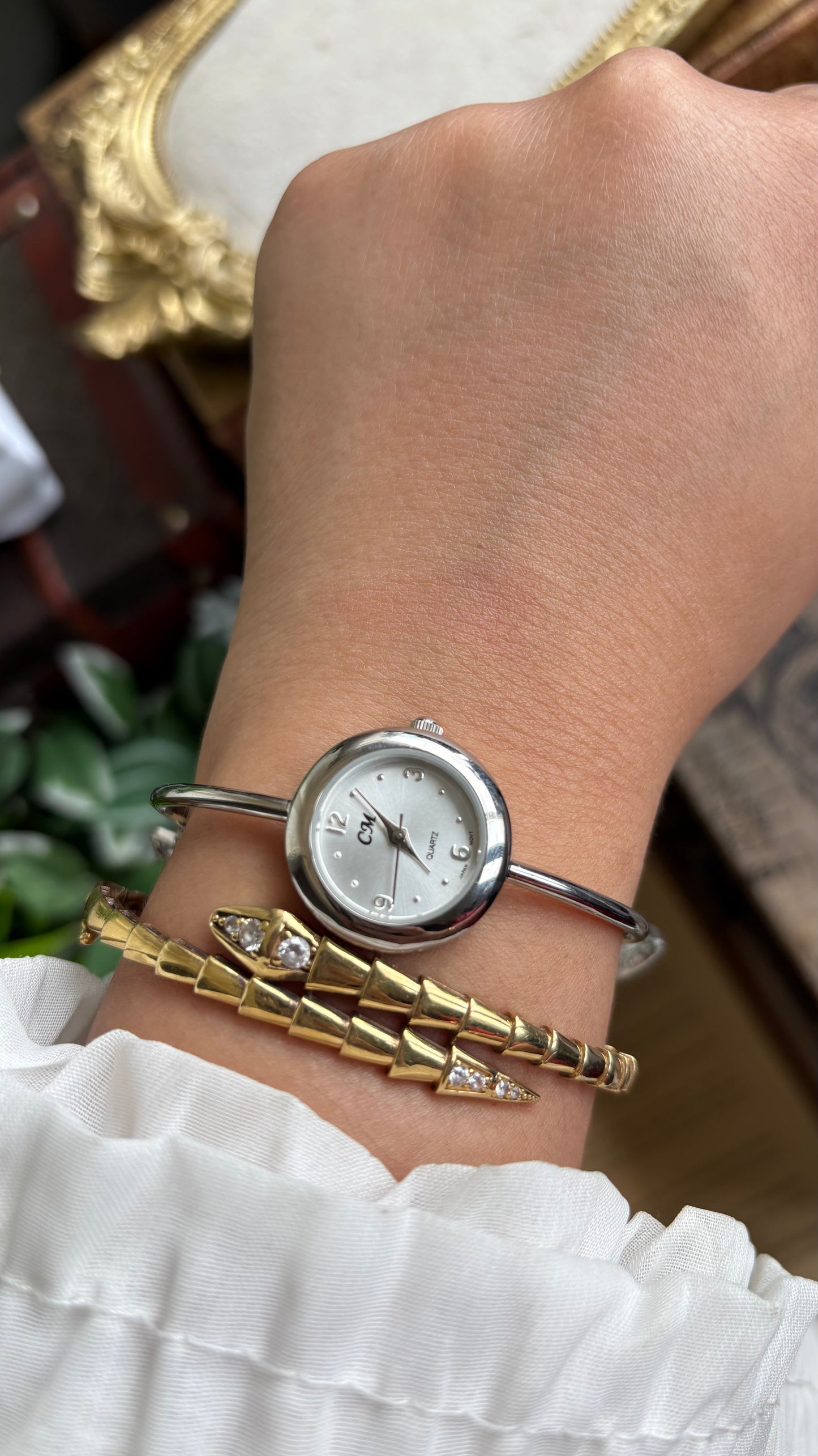 Vintage Dangling Charms Petite Bangle Watch in Silver Tone