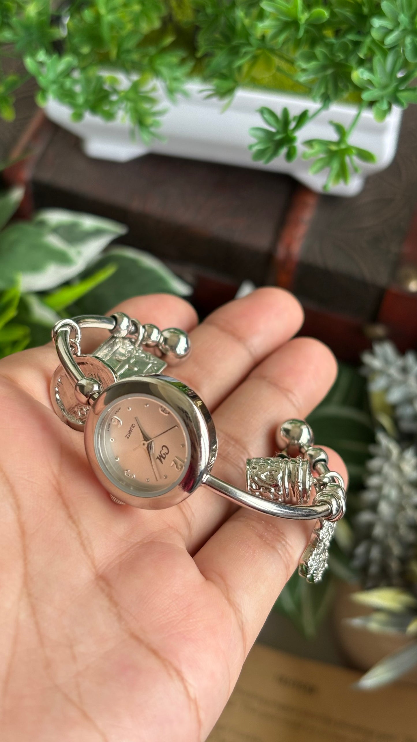 Vintage Dangling Charms Petite Bangle Watch in Silver Tone