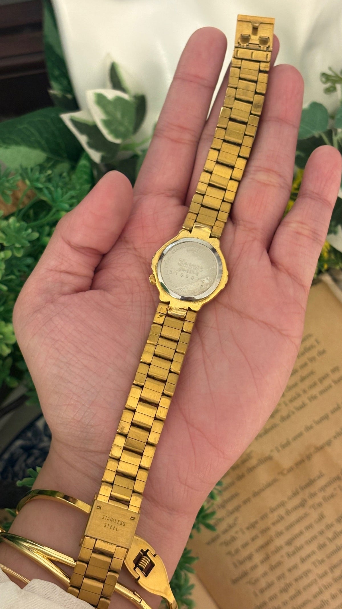 Rare Vintage Klaeuse Pearl and Diamond Diacut Watch in Gold Tone Quartz
