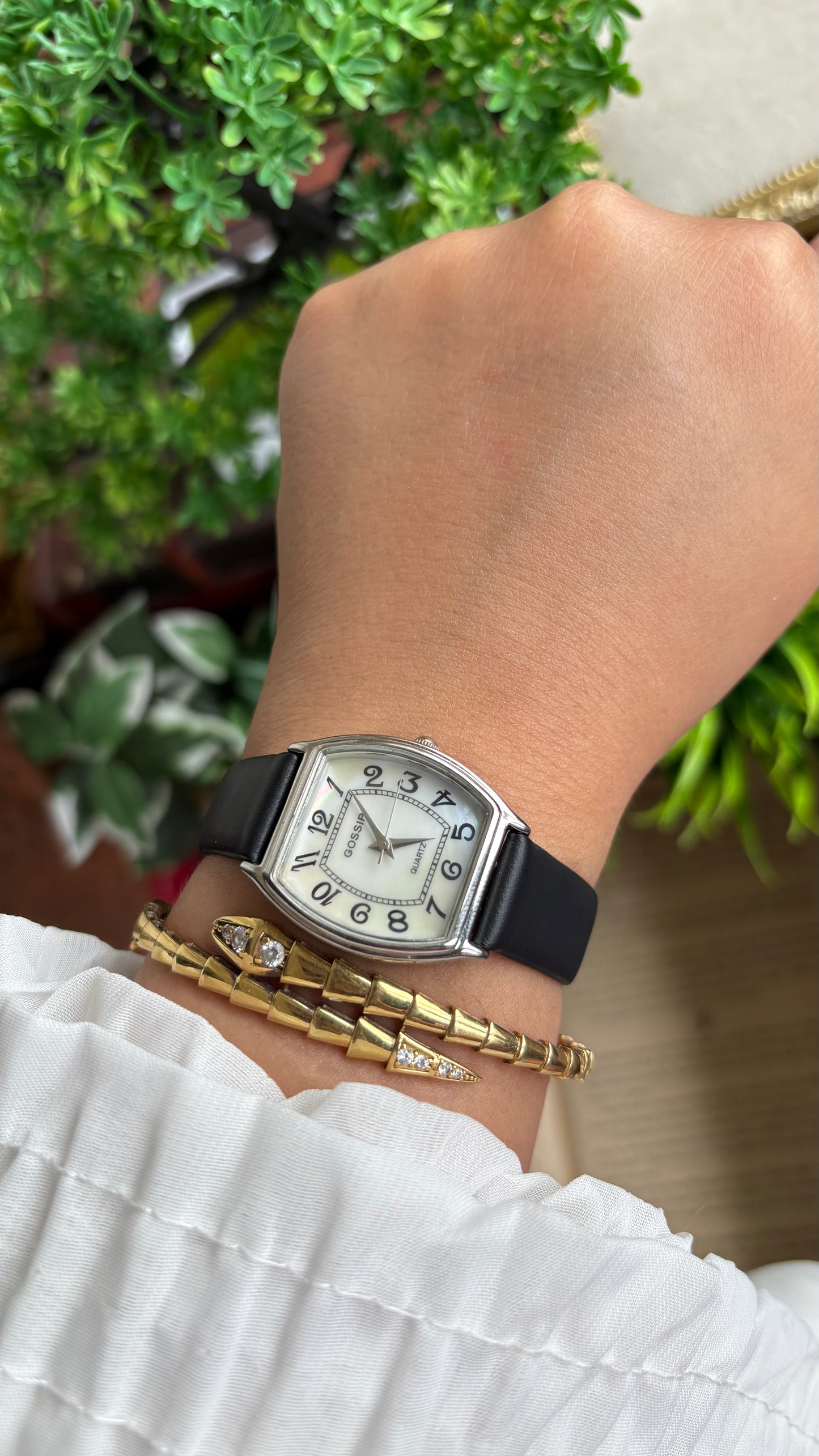 Vintage Gossip Watch in Black Leather Strap Pearl Dial Franck Muller Style