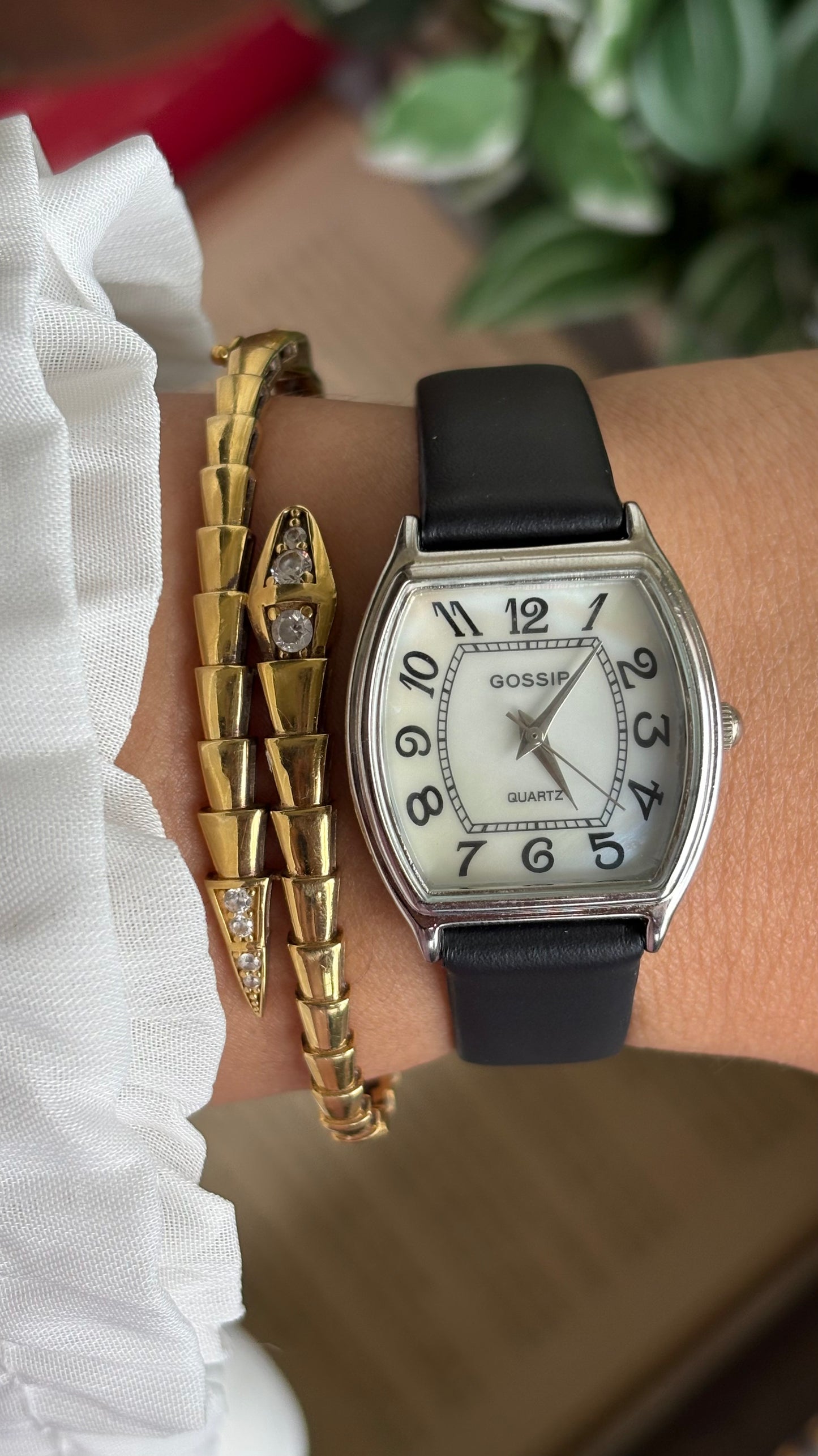 Vintage Gossip Watch in Black Leather Strap Pearl Dial Franck Muller Style