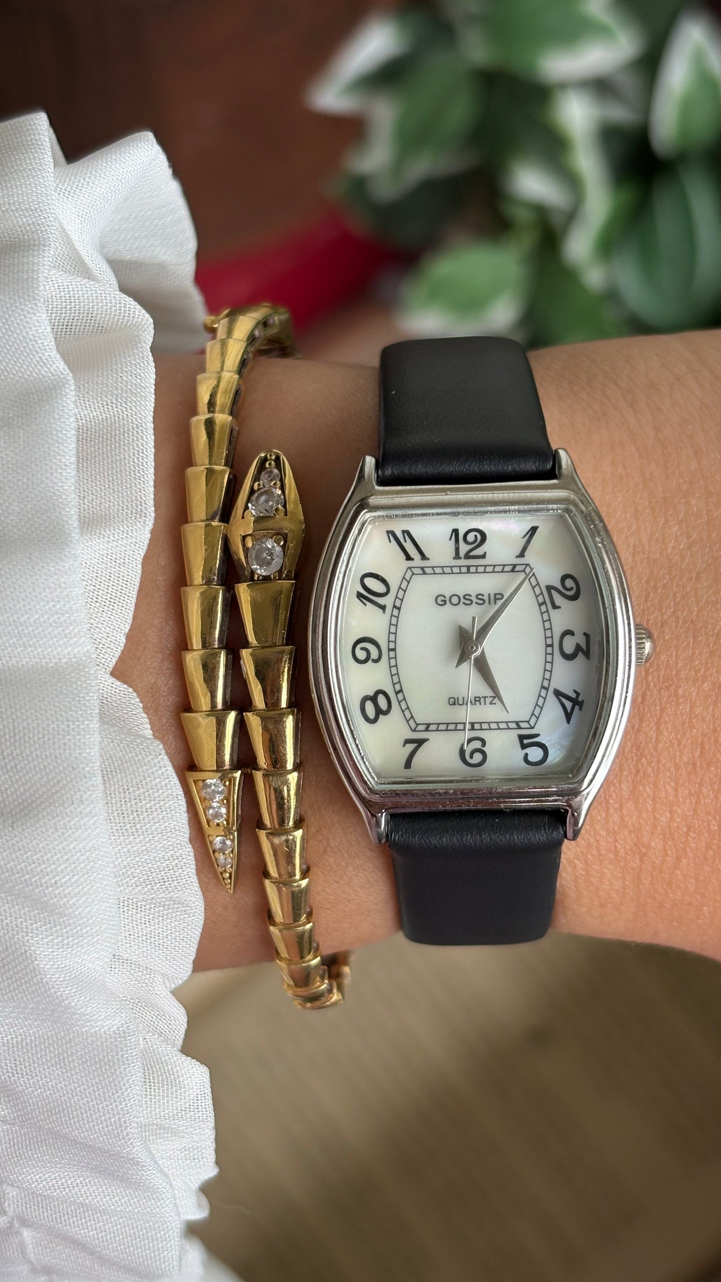Vintage Gossip Watch in Black Leather Strap Pearl Dial Franck Muller Style