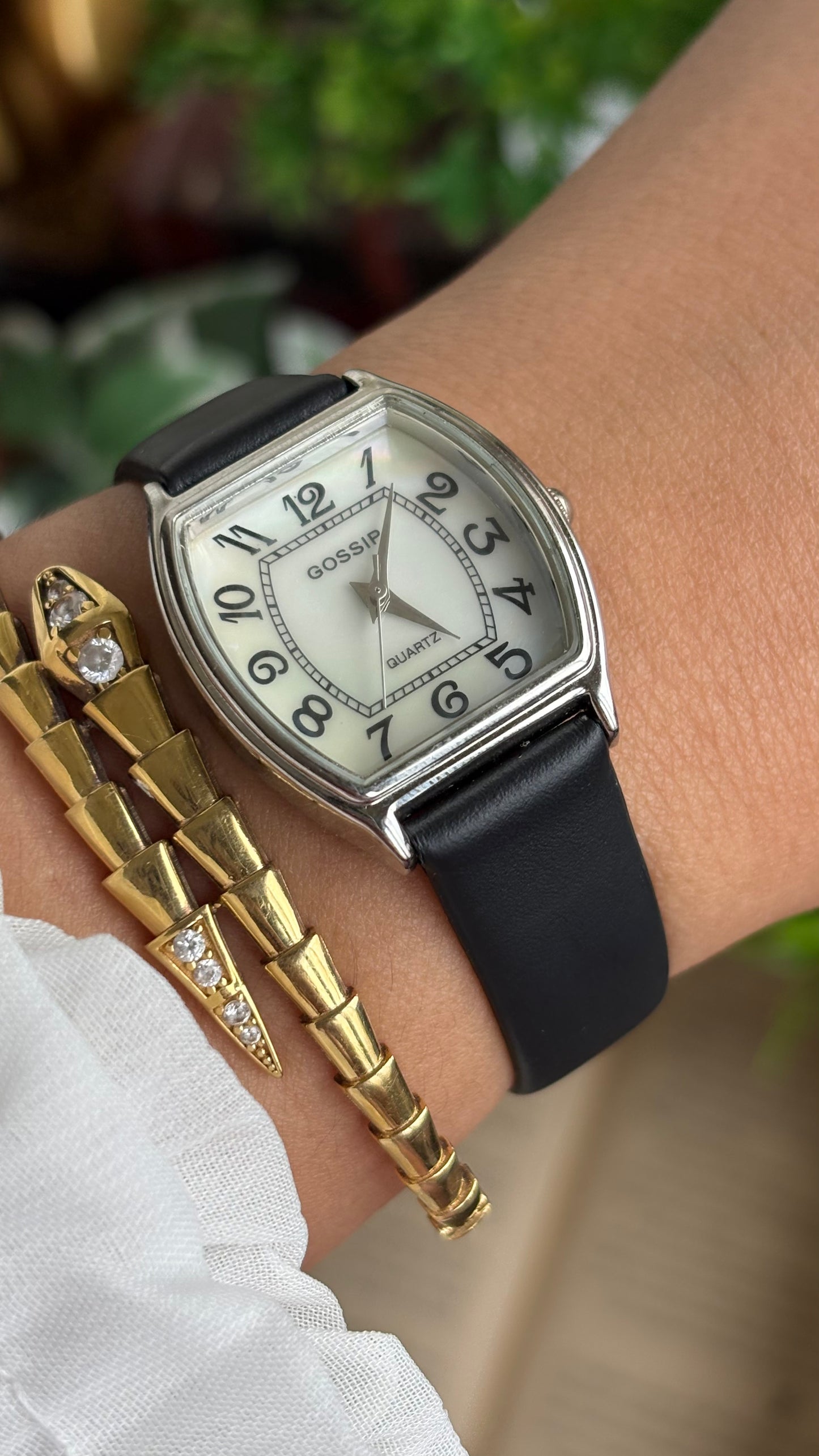 Vintage Gossip Watch in Black Leather Strap Pearl Dial Franck Muller Style