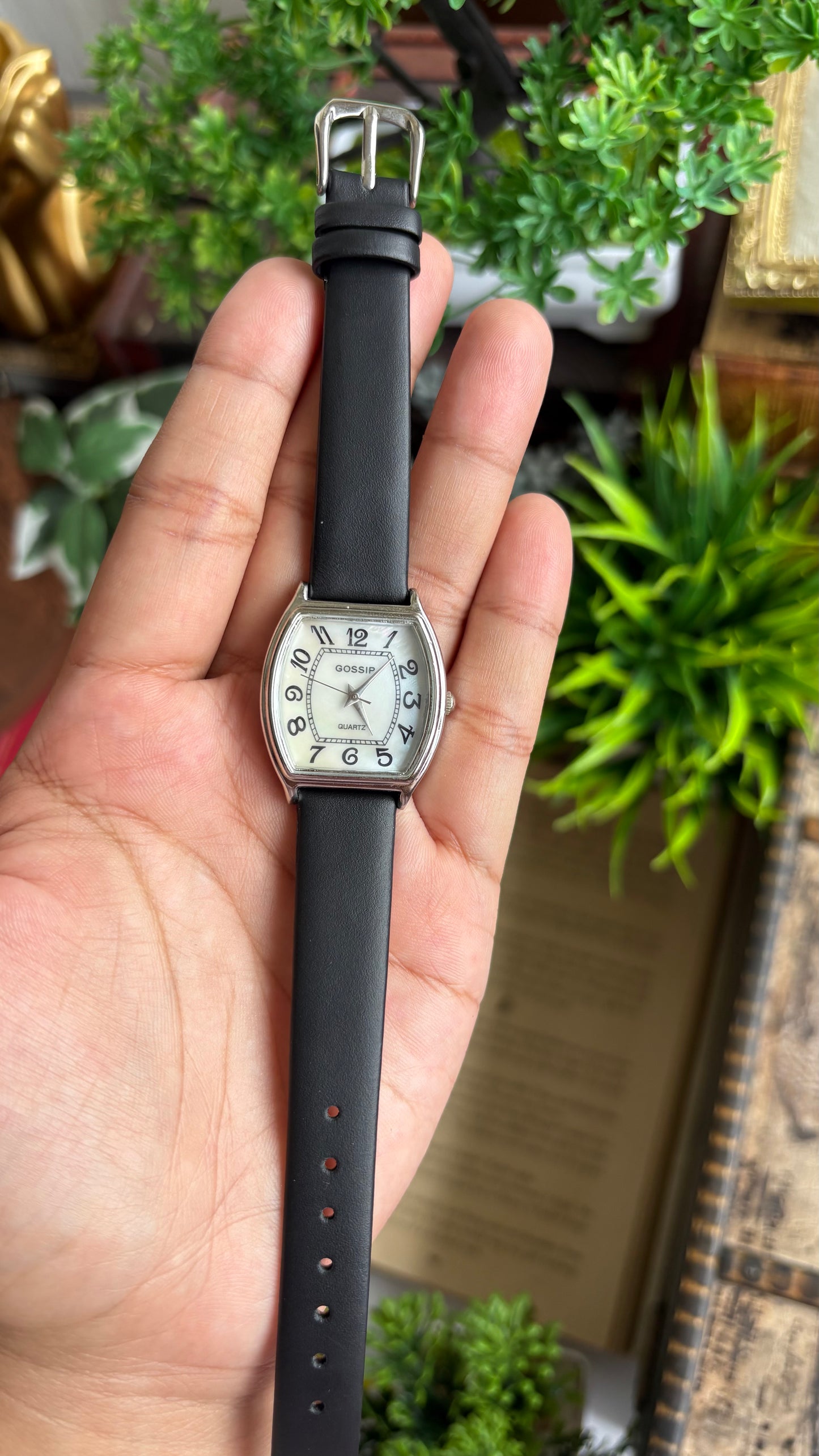 Vintage Gossip Watch in Black Leather Strap Pearl Dial Franck Muller Style