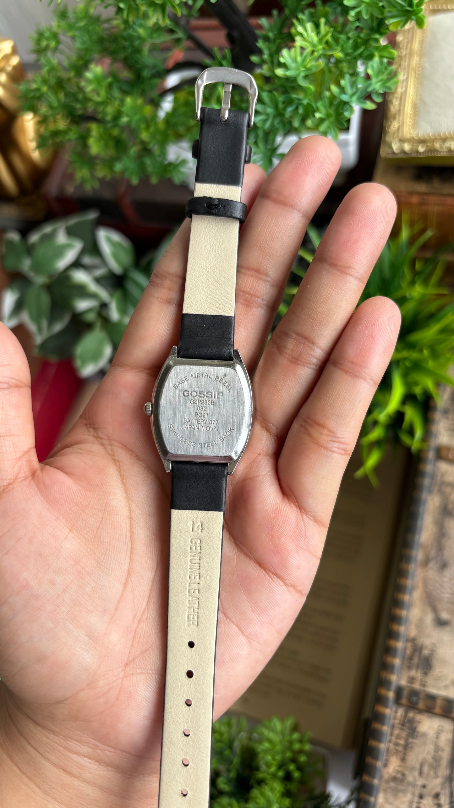 Vintage Gossip Watch in Black Leather Strap Pearl Dial Franck Muller Style
