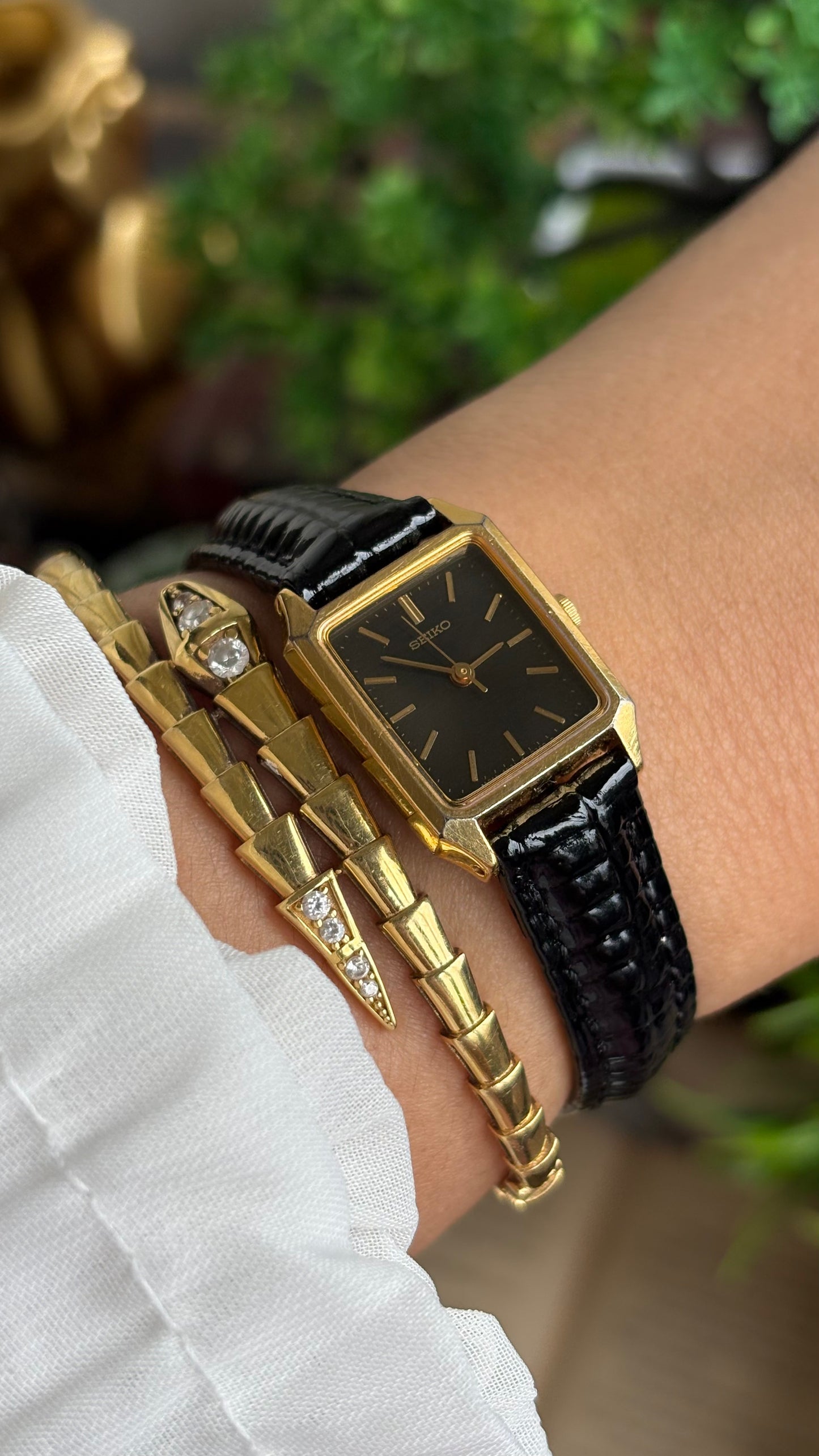 Vintage Seiko Mini Tank Women’s Dress Watch in Black Leather Strap Black Dial