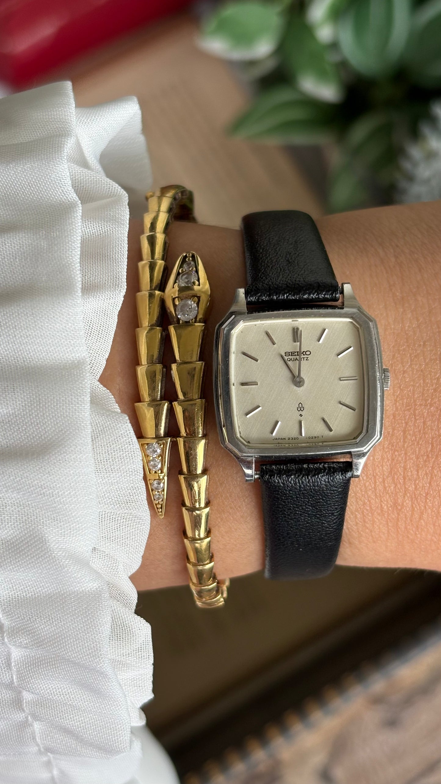 Vintage Seiko Mini Tank Women’s Dress Watch in Black Leather Strap