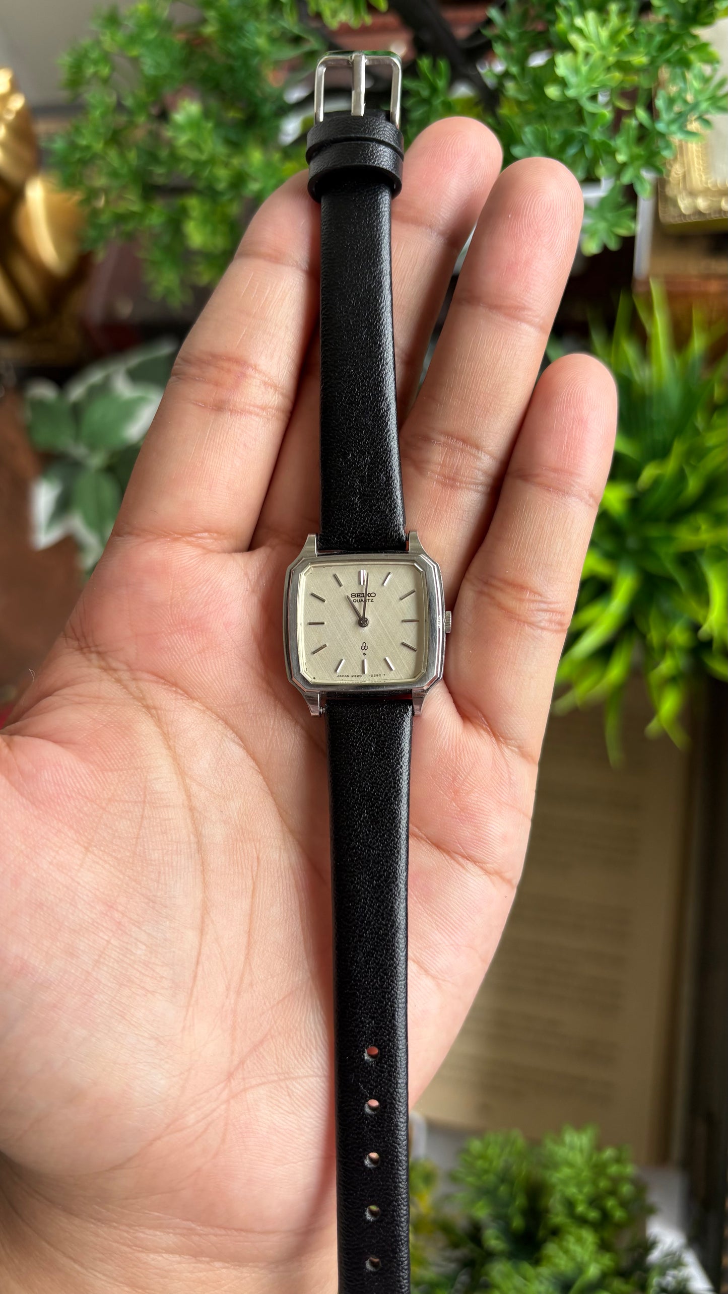 Vintage Seiko Mini Tank Women’s Dress Watch in Black Leather Strap