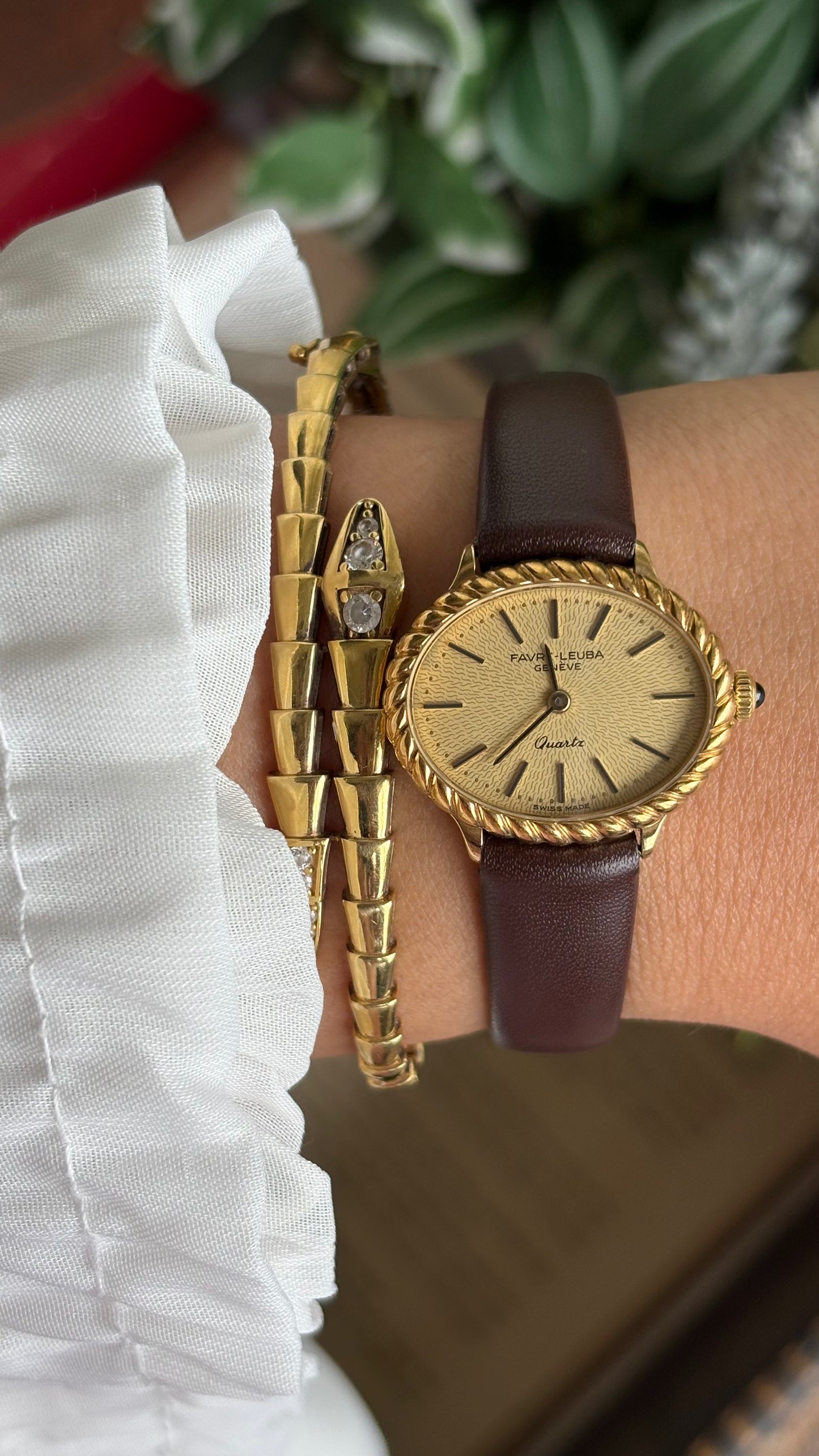 Vintage Favre-Leuba Women’s Dress Watch in Brown Leather Strap Rare Oval Art Deco Dial