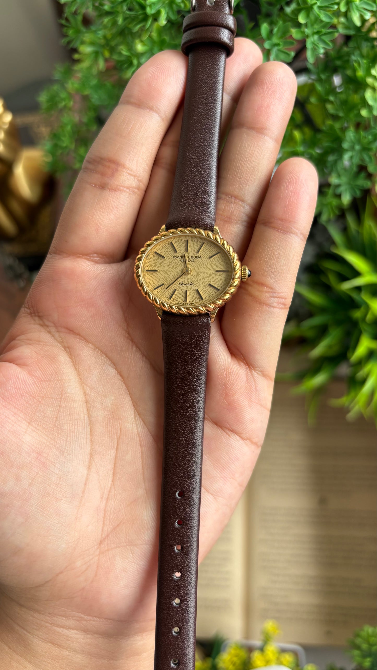 Vintage Favre-Leuba Women’s Dress Watch in Brown Leather Strap Rare Oval Art Deco Dial