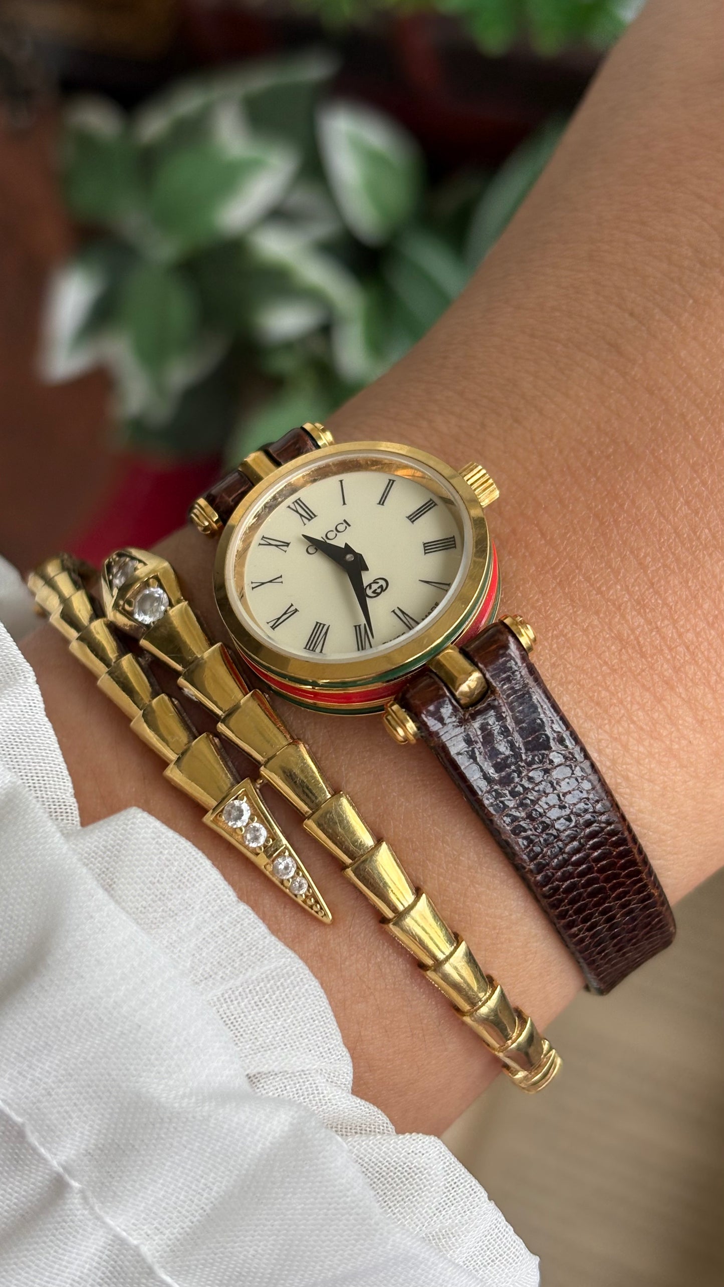 Vintage Gucci Women’s Dress Watch in Brown Leather Strap Rare Cherryline Bezel Accent in Roman Dial with Gucci Box