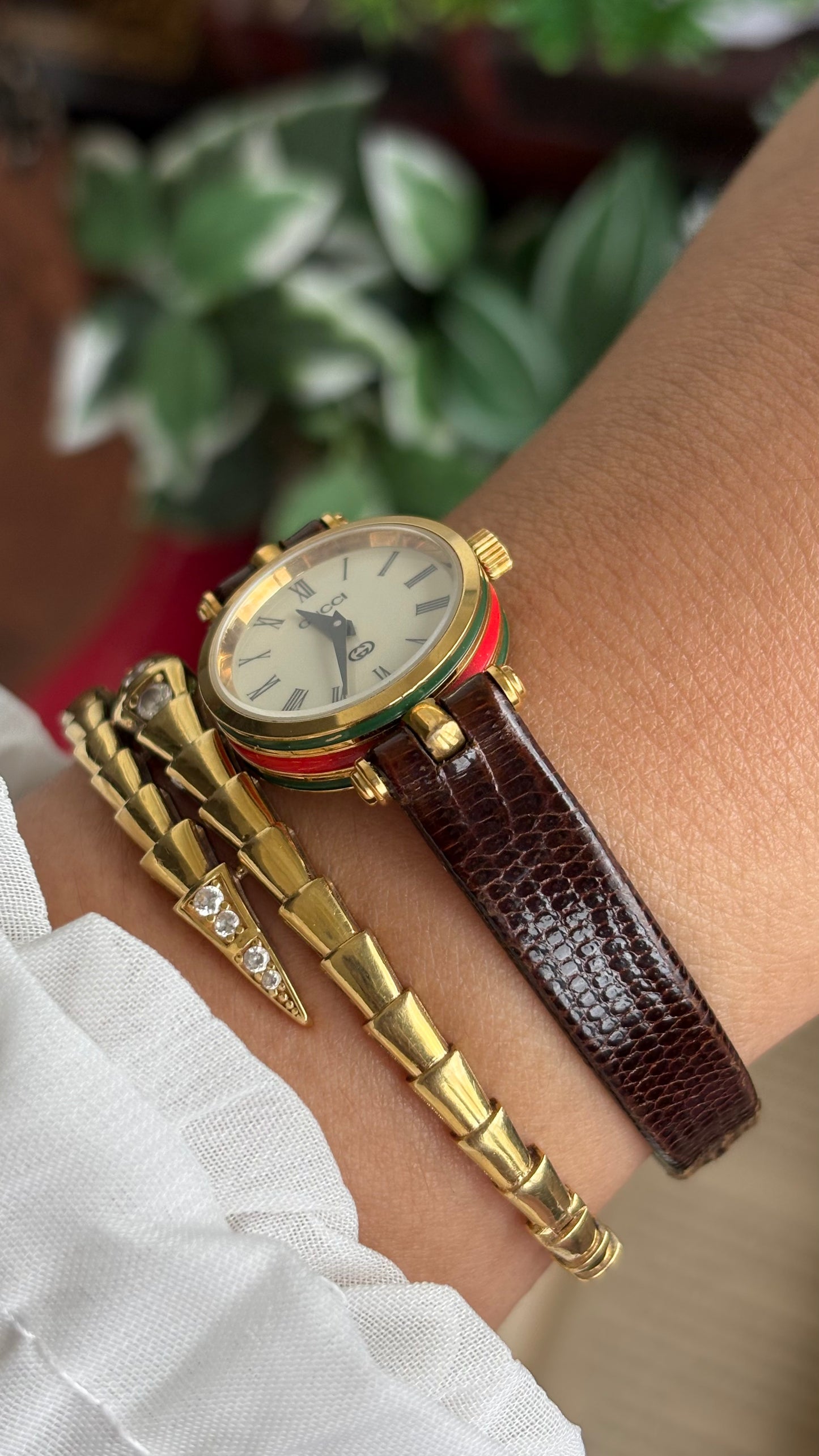 Vintage Gucci Women’s Dress Watch in Brown Leather Strap Rare Cherryline Bezel Accent in Roman Dial with Gucci Box