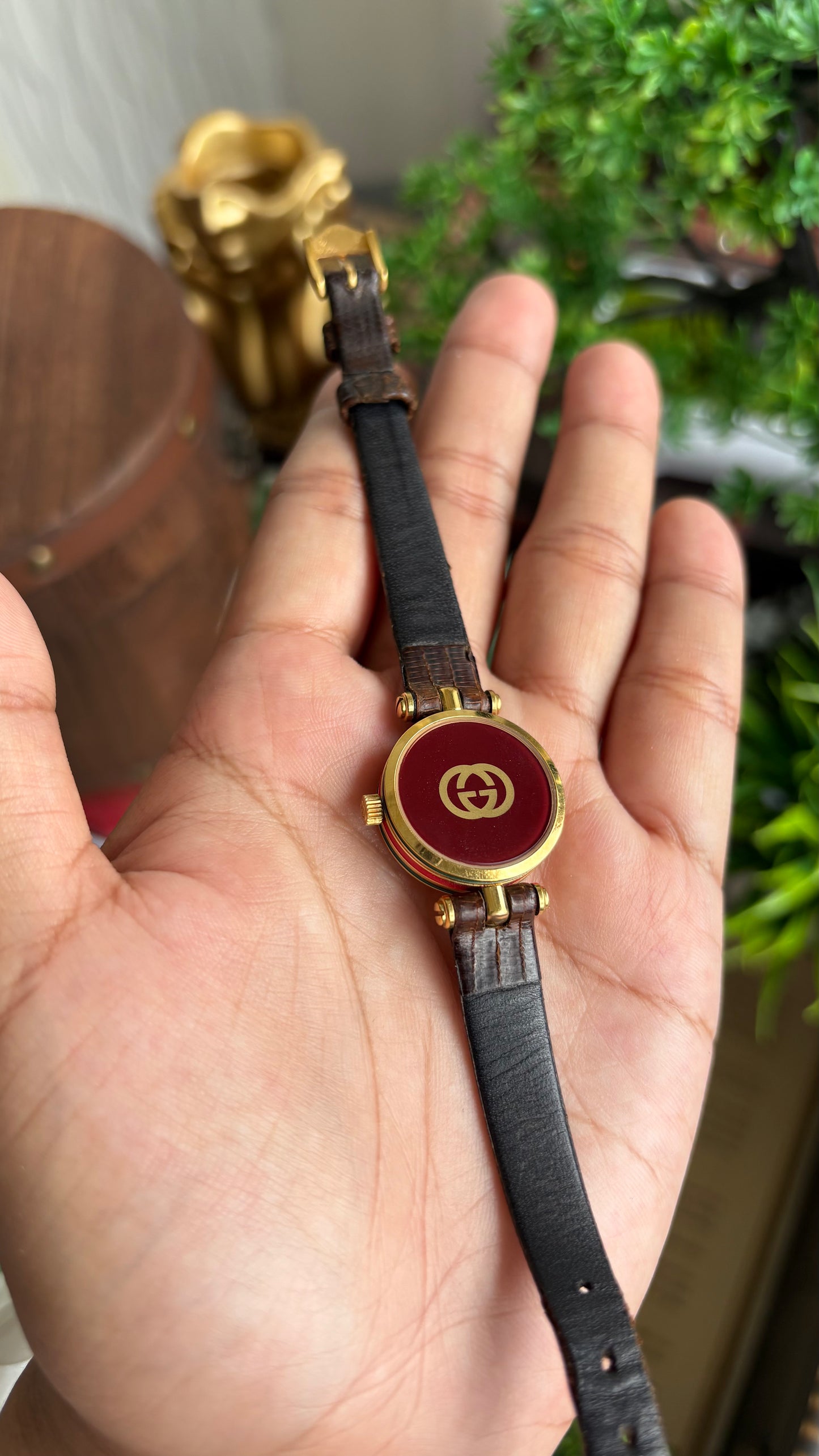 Vintage Gucci Women’s Dress Watch in Brown Leather Strap Rare Cherryline Bezel Accent in Roman Dial with Gucci Box