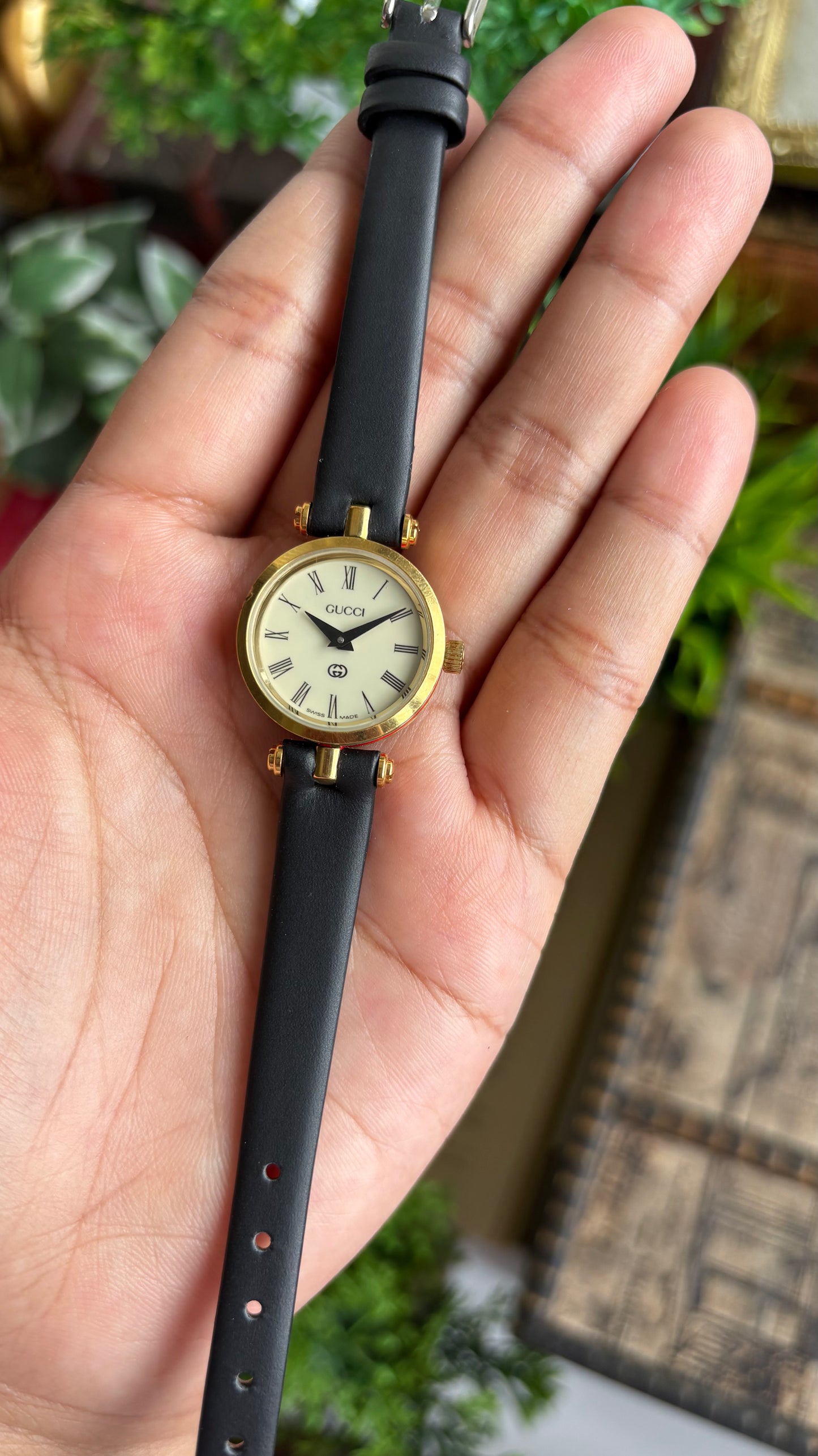 Vintage Gucci Women’s Dress Watch in Black Leather Strap Rare Cherryline Bezel Accent in Roman Dial with Gucci Box
