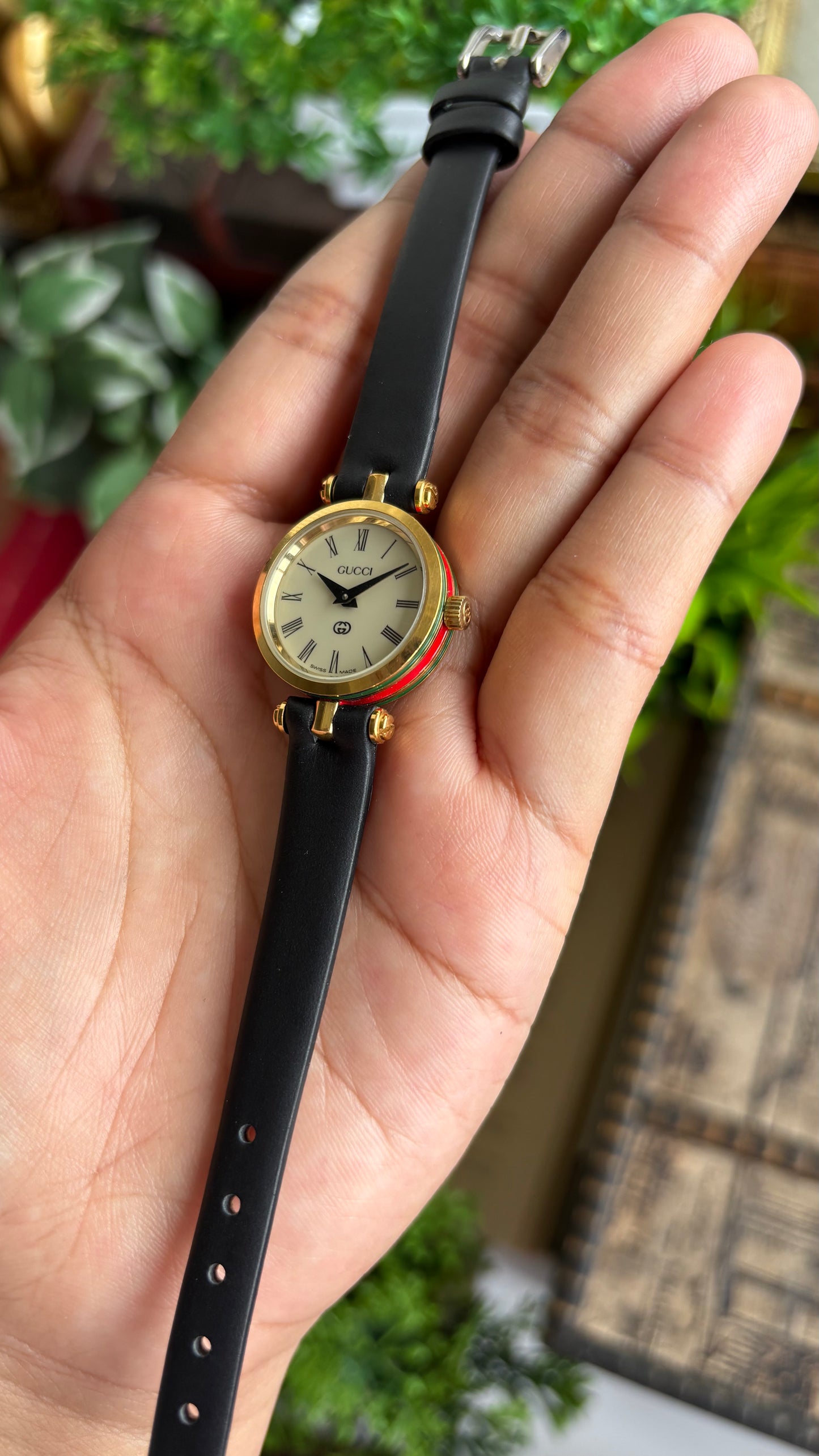 Vintage Gucci Women’s Dress Watch in Black Leather Strap Rare Cherryline Bezel Accent in Roman Dial with Gucci Box