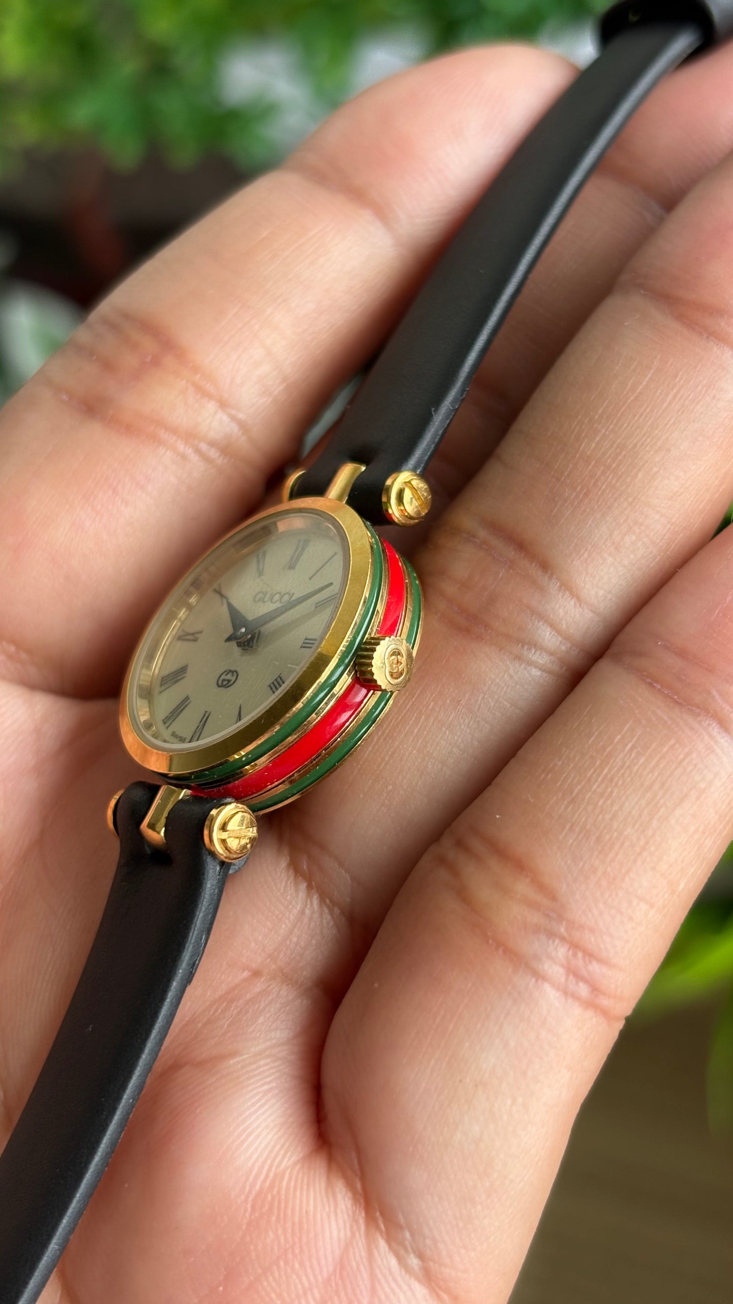 Vintage Gucci Women’s Dress Watch in Black Leather Strap Rare Cherryline Bezel Accent in Roman Dial with Gucci Box