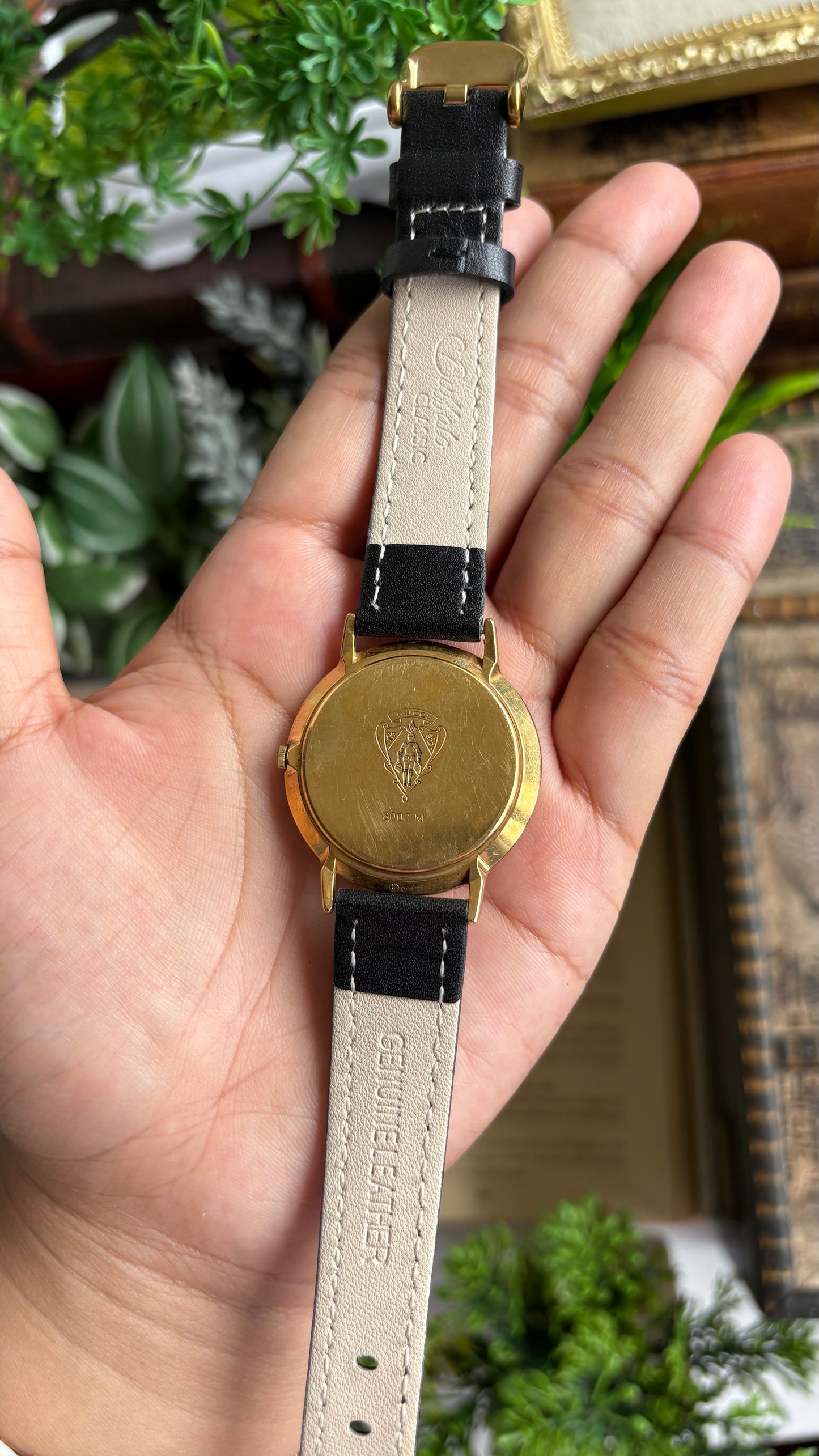 Vintage Gucci Men’s Dress Watch in Black Leather Strap Cherryline Dial with Gucci Box
