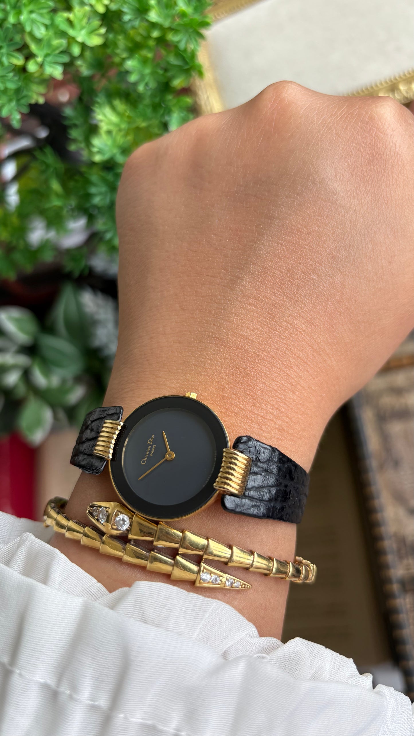 Vintage Christian Dior Dress Watch in Black Leather Strap Black Dial