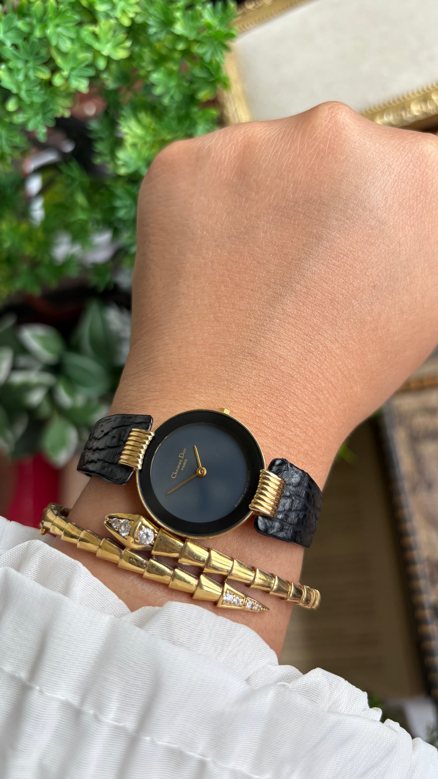 Vintage Christian Dior Dress Watch in Black Leather Strap Black Dial