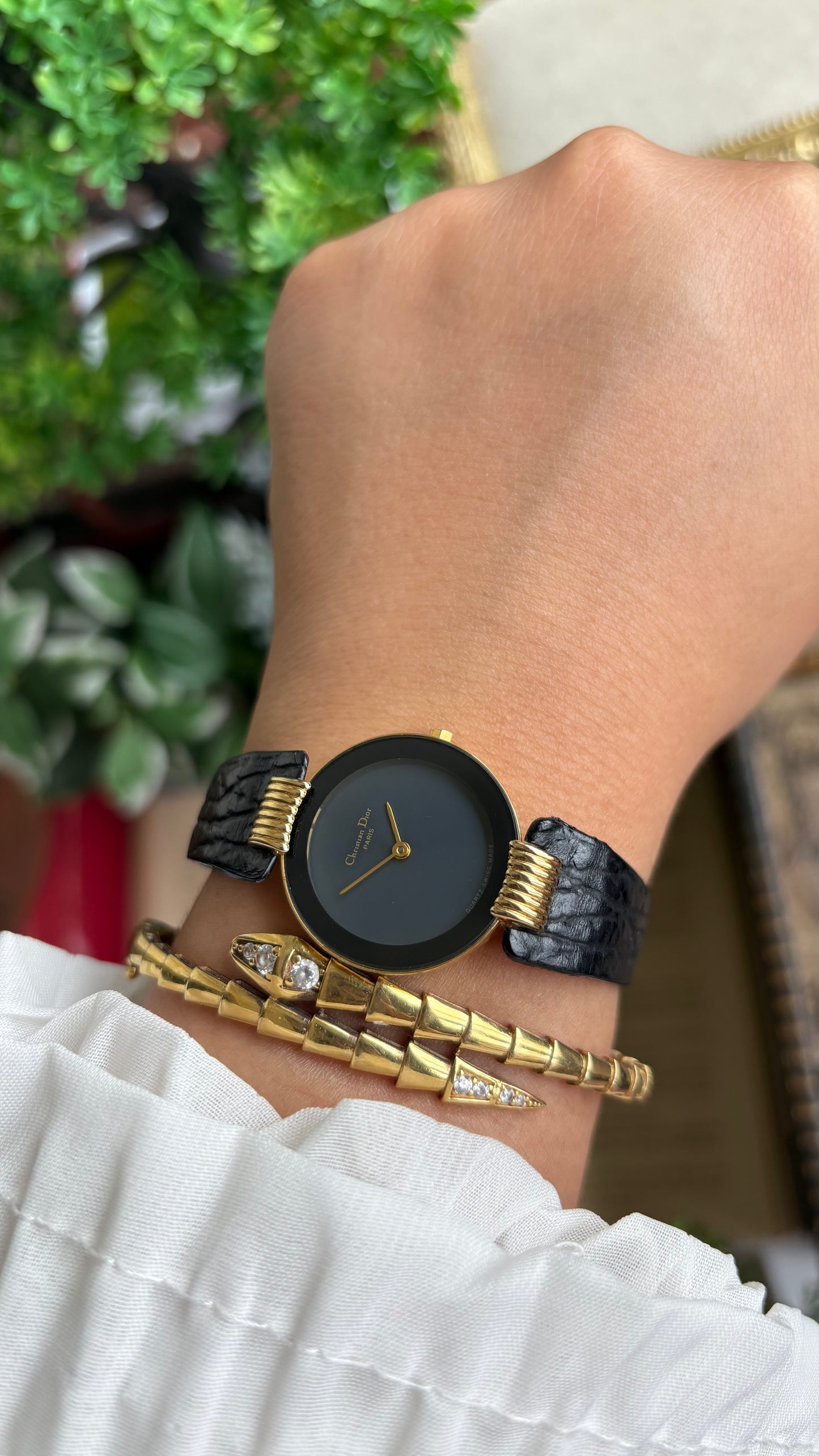 Vintage Christian Dior Dress Watch in Black Leather Strap Black Dial