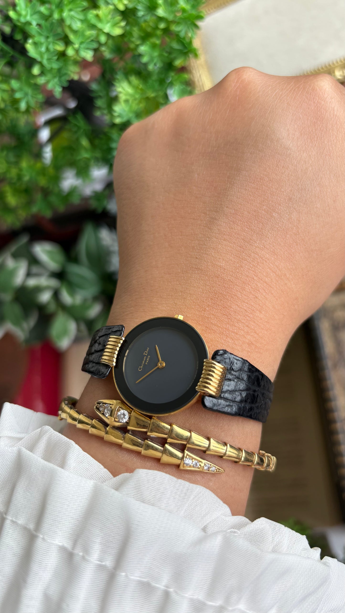 Vintage Christian Dior Dress Watch in Black Leather Strap Black Dial