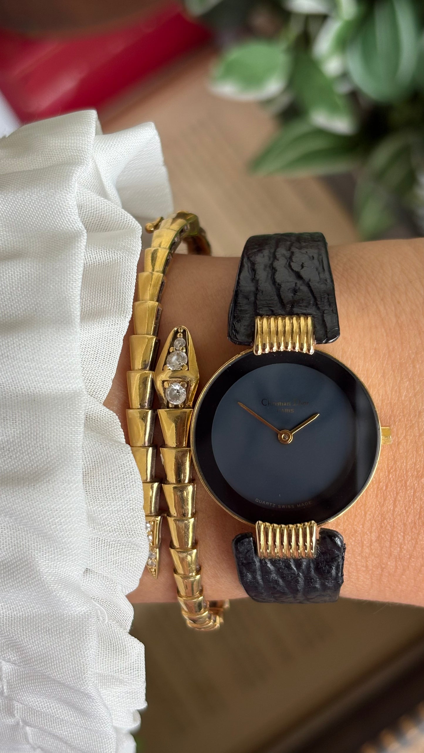 Vintage Christian Dior Dress Watch in Black Leather Strap Black Dial