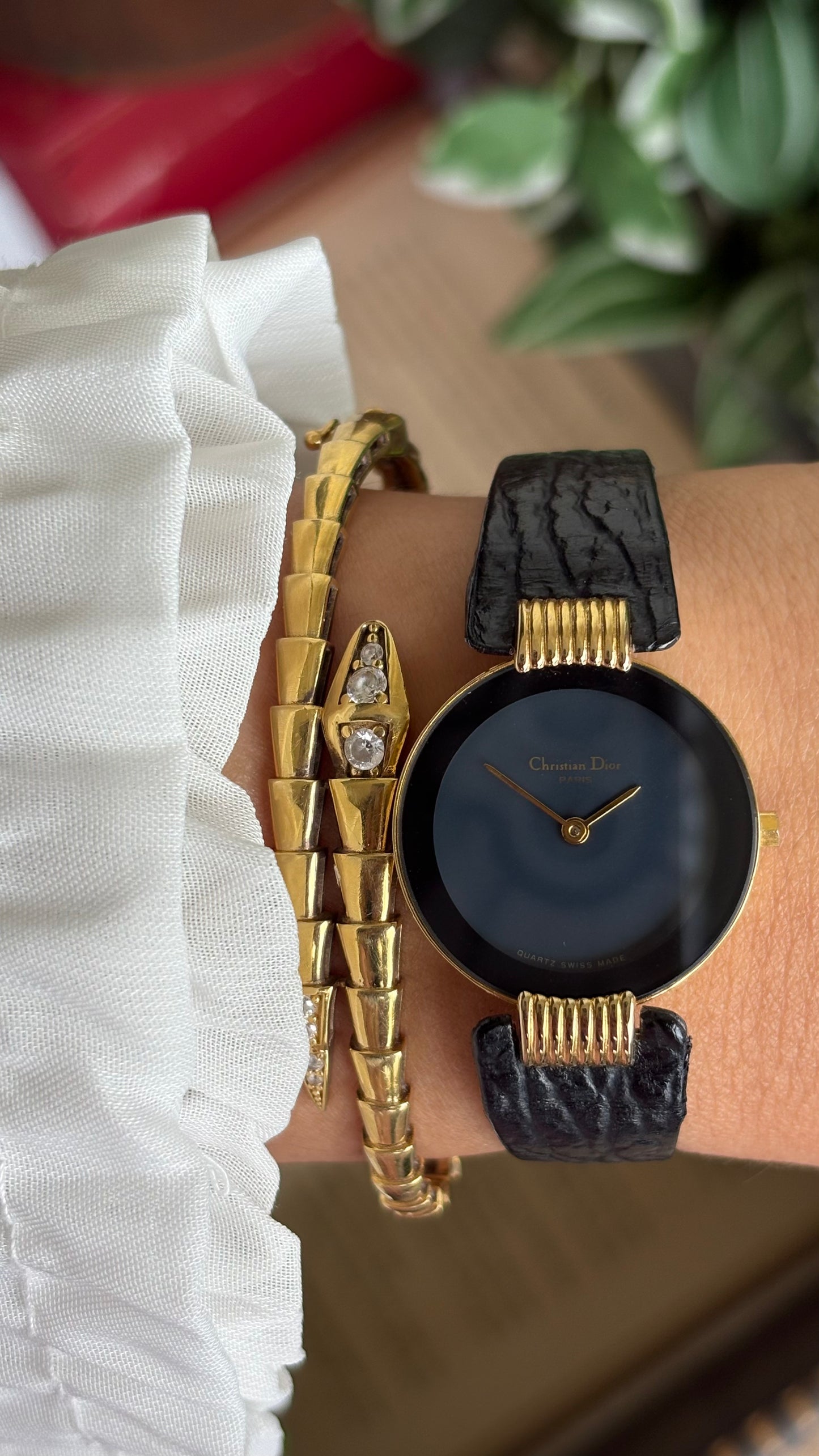 Vintage Christian Dior Dress Watch in Black Leather Strap Black Dial