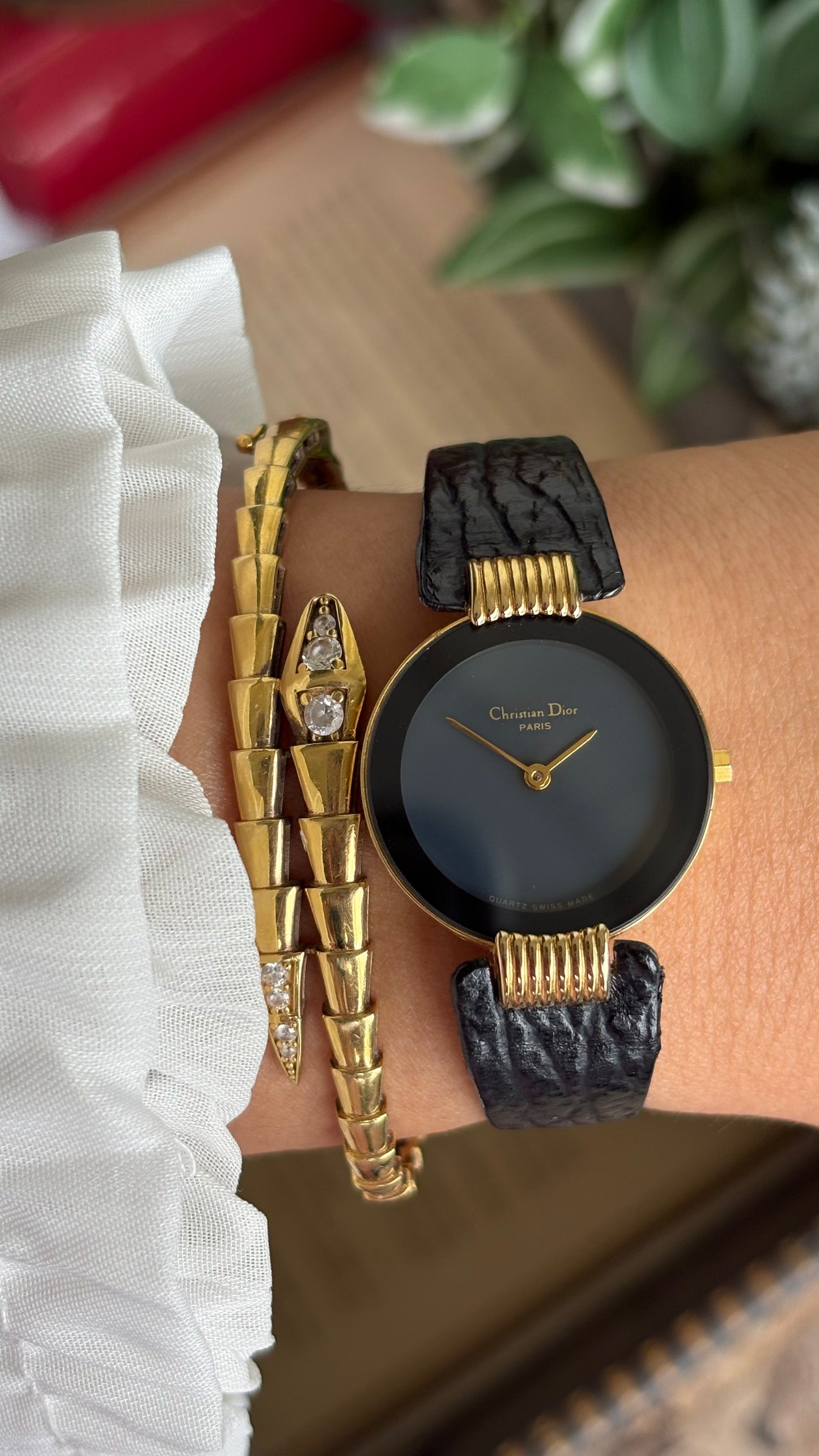 Vintage Christian Dior Dress Watch in Black Leather Strap Black Dial