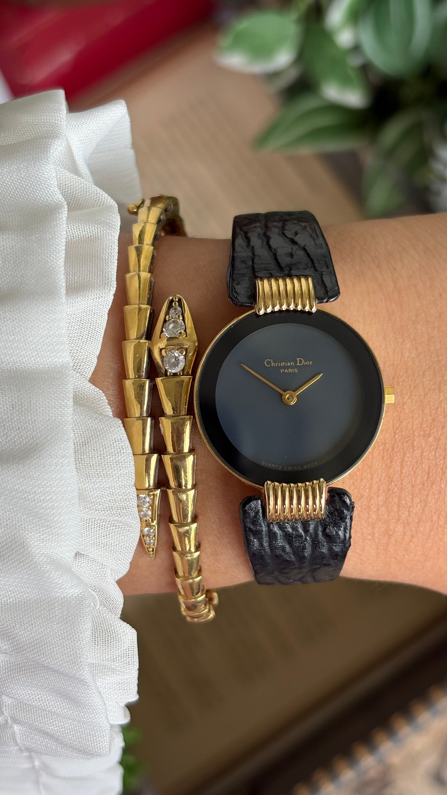 Vintage Christian Dior Dress Watch in Black Leather Strap Black Dial