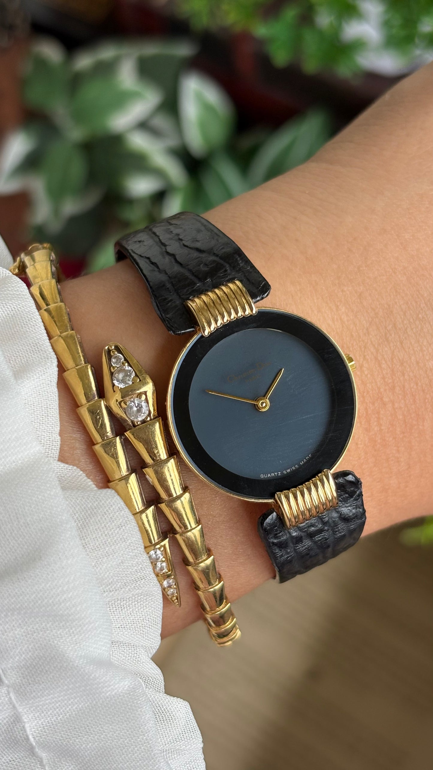 Vintage Christian Dior Dress Watch in Black Leather Strap Black Dial