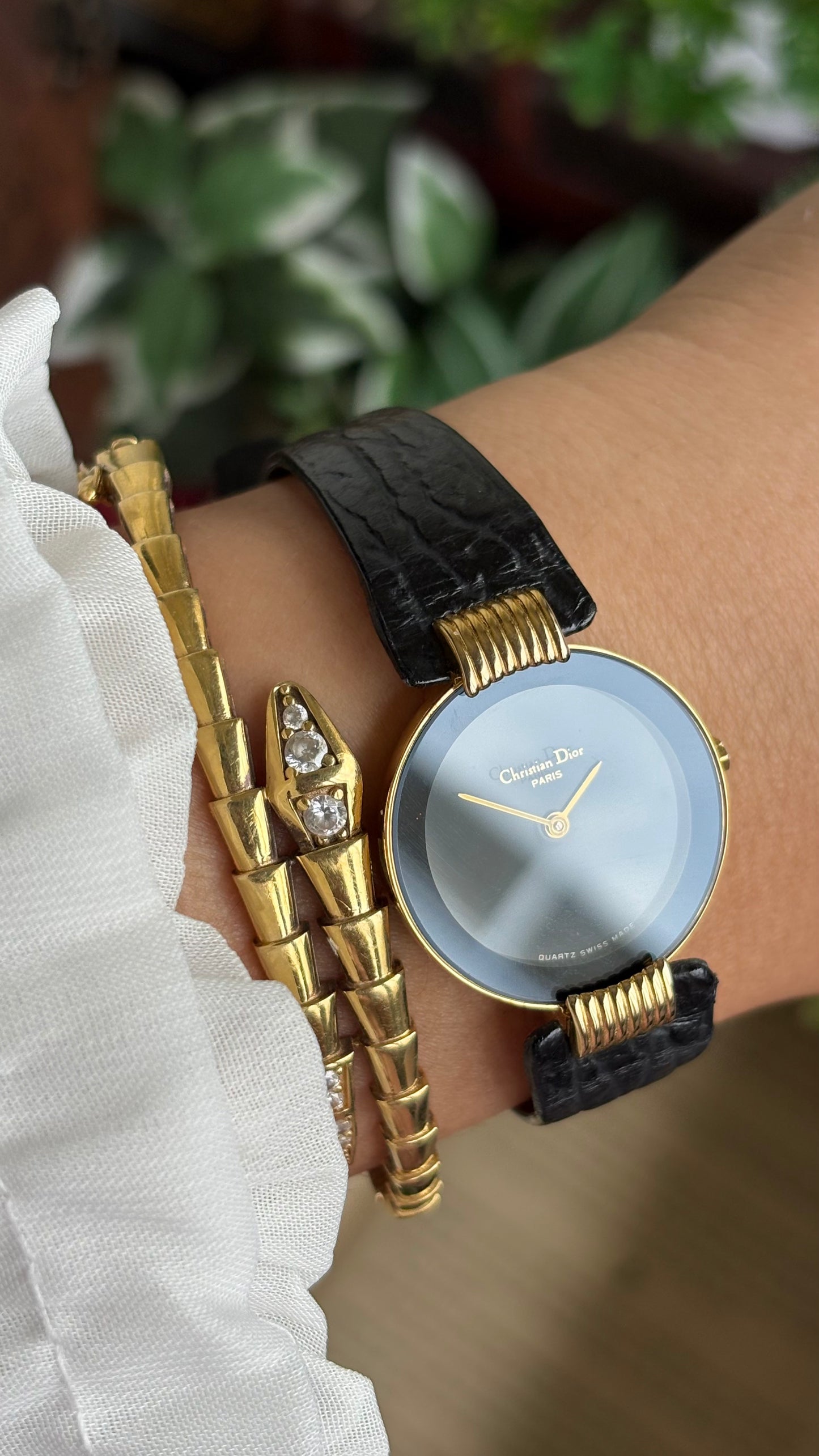 Vintage Christian Dior Dress Watch in Black Leather Strap Black Dial