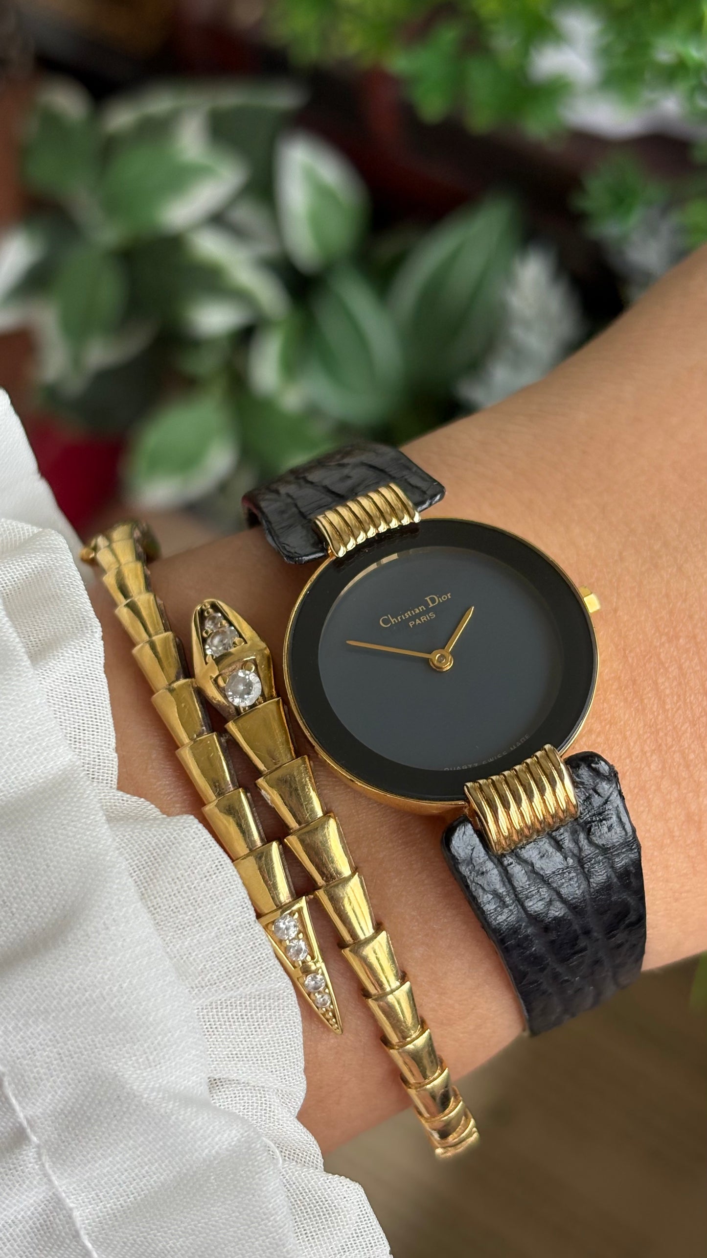 Vintage Christian Dior Dress Watch in Black Leather Strap Black Dial