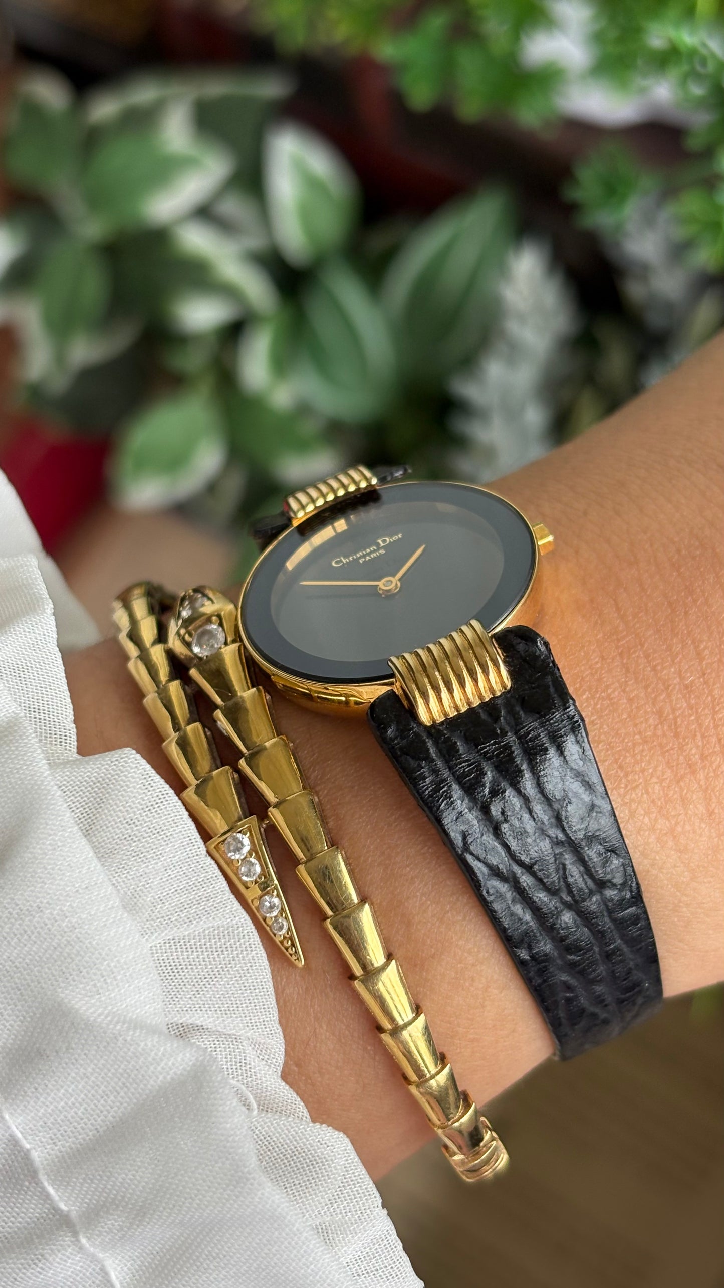 Vintage Christian Dior Dress Watch in Black Leather Strap Black Dial