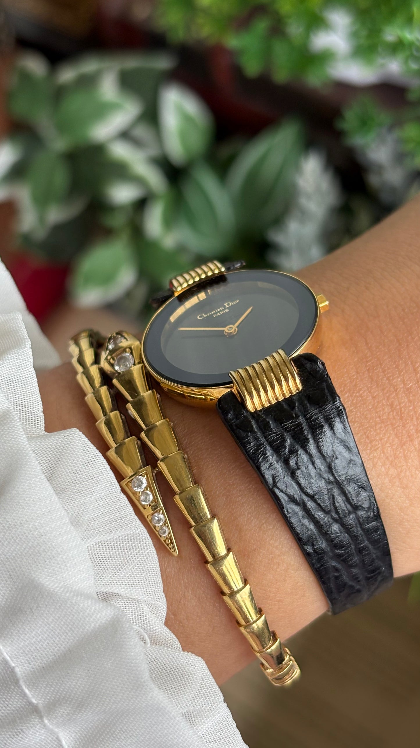Vintage Christian Dior Dress Watch in Black Leather Strap Black Dial