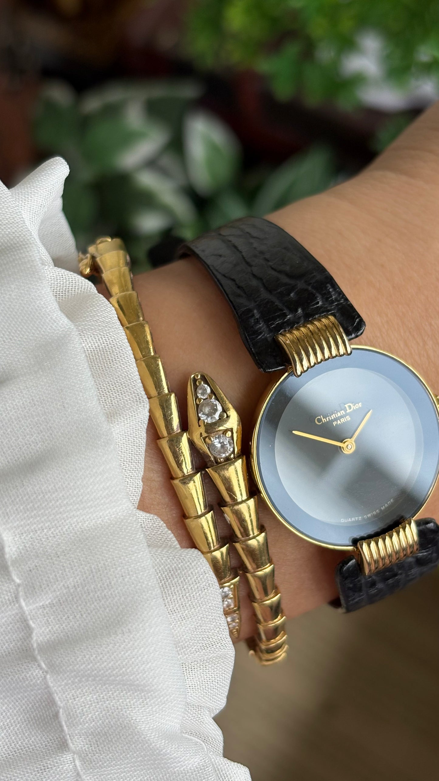 Vintage Christian Dior Dress Watch in Black Leather Strap Black Dial