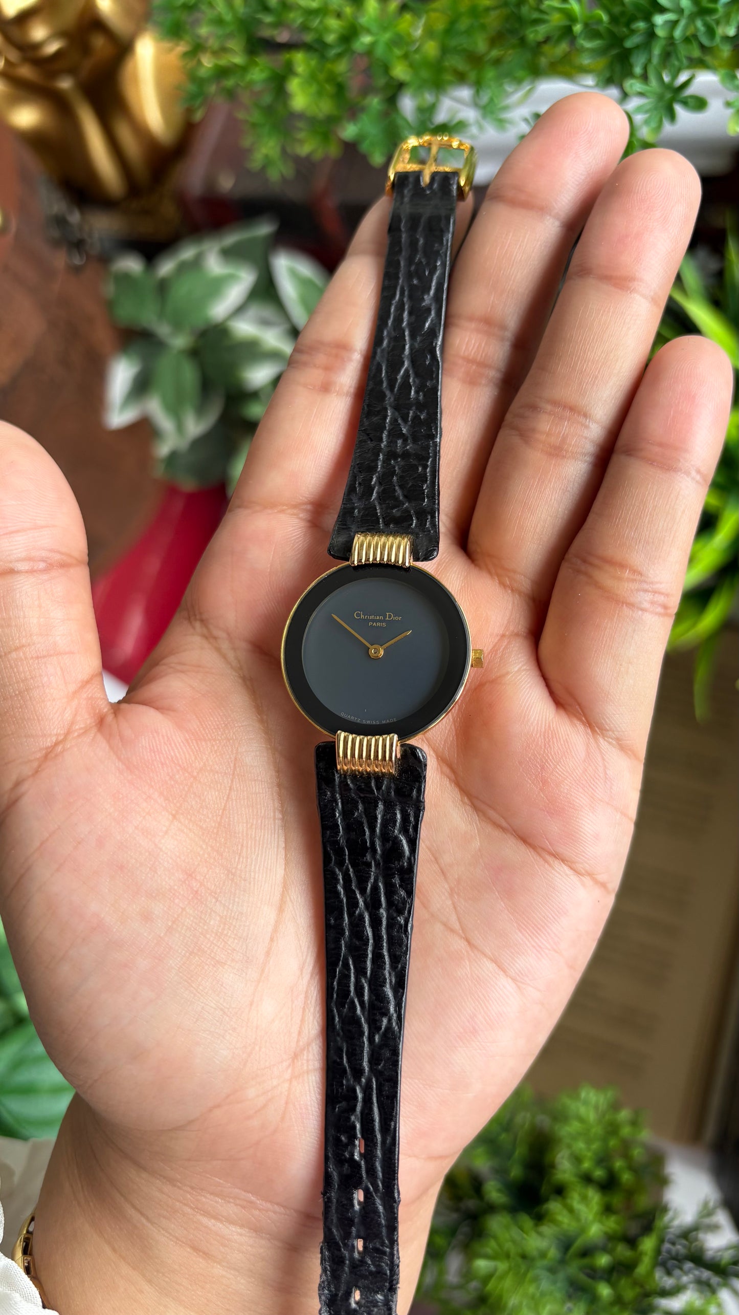 Vintage Christian Dior Dress Watch in Black Leather Strap Black Dial