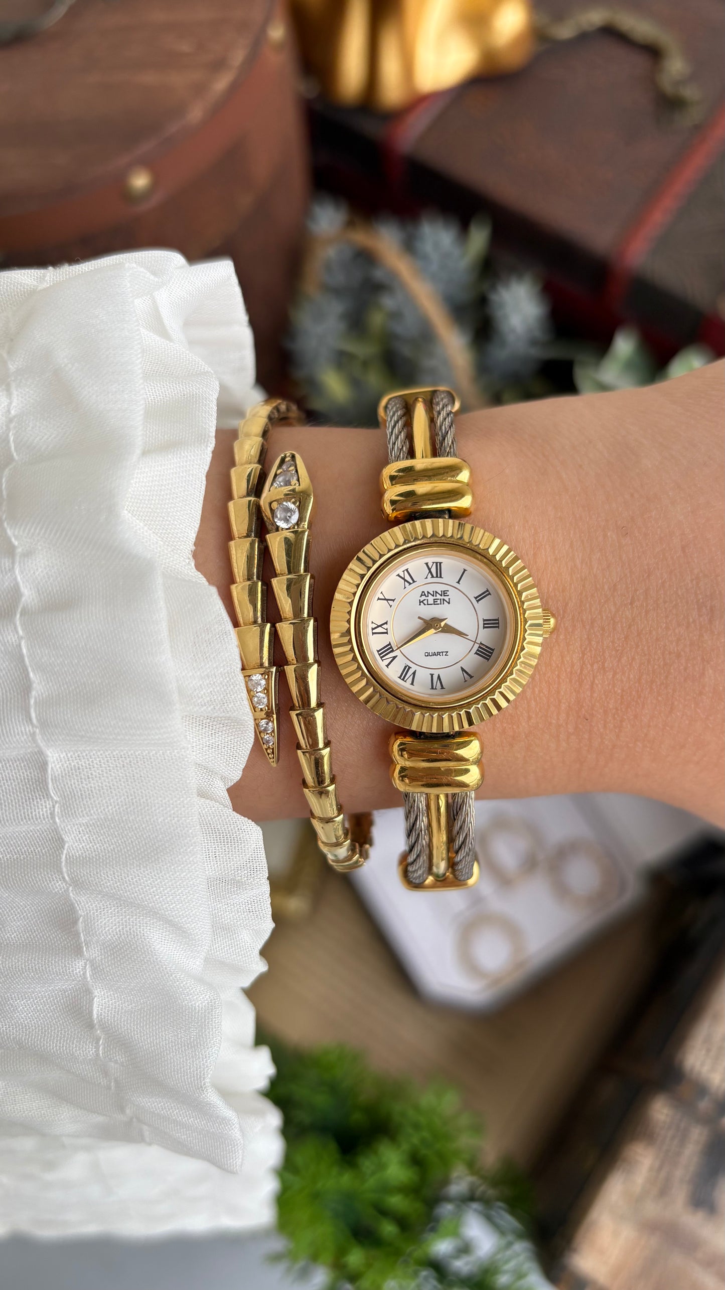 Extremely Rare Charriol-Inspired Vintage Anne Klein Interchangeable Bezel Set Bangle Watch in Two-Tone