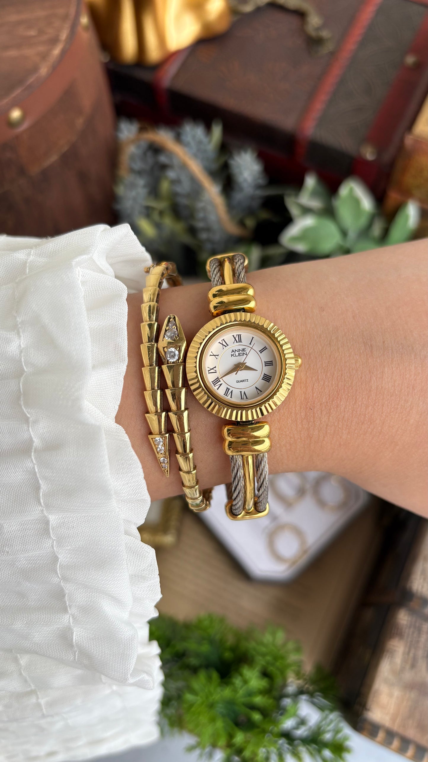 Extremely Rare Charriol-Inspired Vintage Anne Klein Interchangeable Bezel Set Bangle Watch in Two-Tone