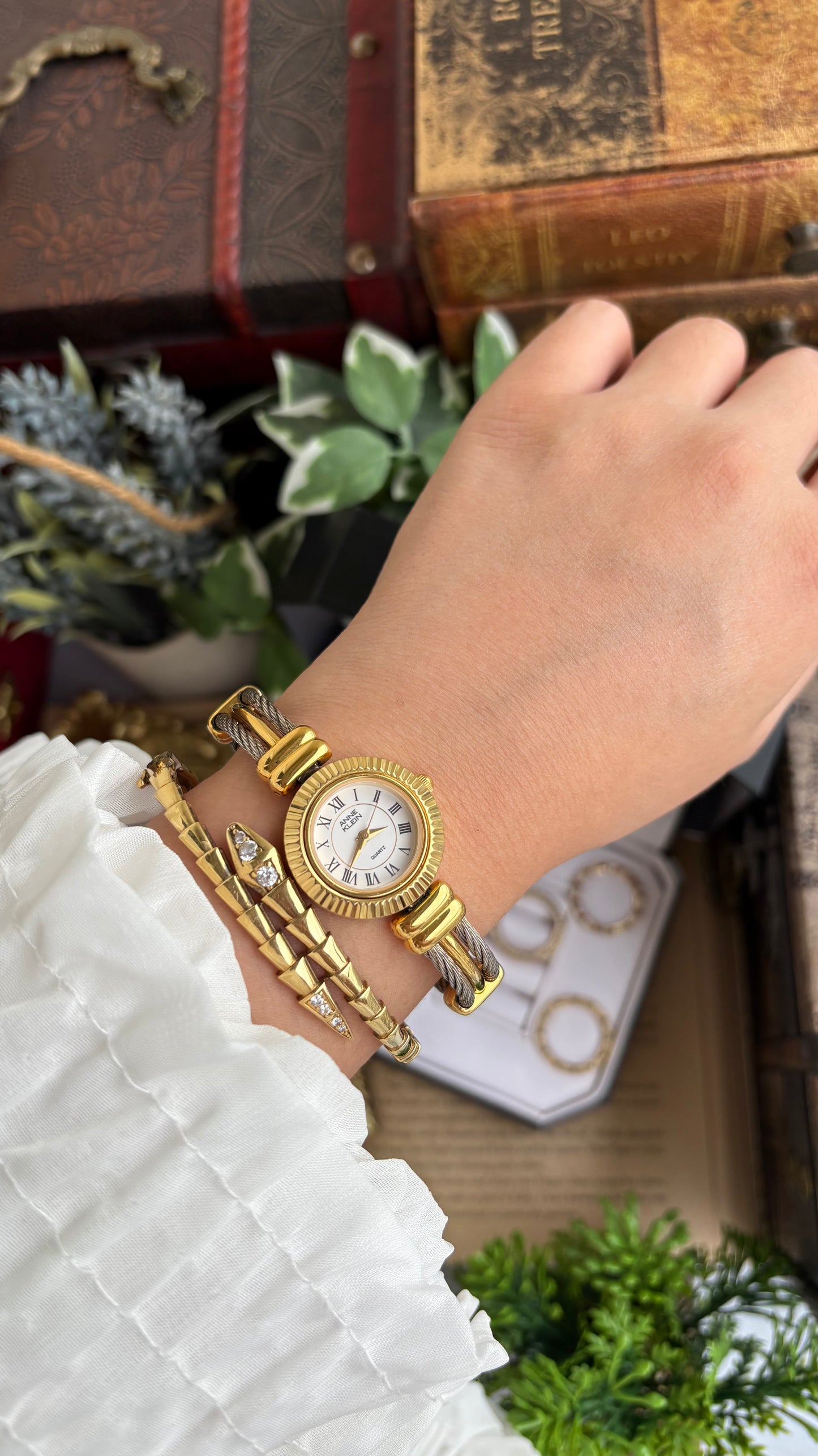 Extremely Rare Charriol-Inspired Vintage Anne Klein Interchangeable Bezel Set Bangle Watch in Two-Tone