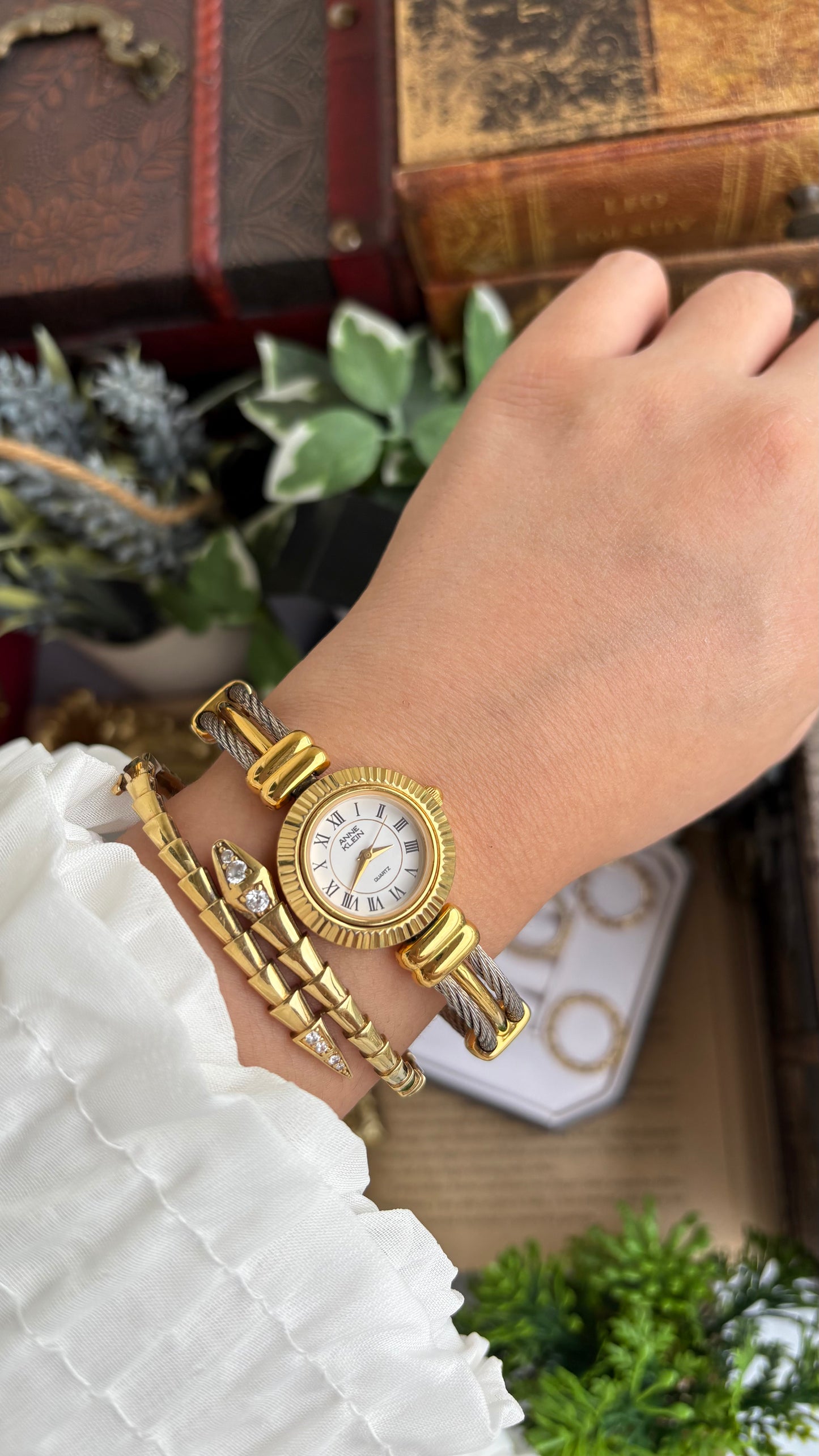 Extremely Rare Charriol-Inspired Vintage Anne Klein Interchangeable Bezel Set Bangle Watch in Two-Tone
