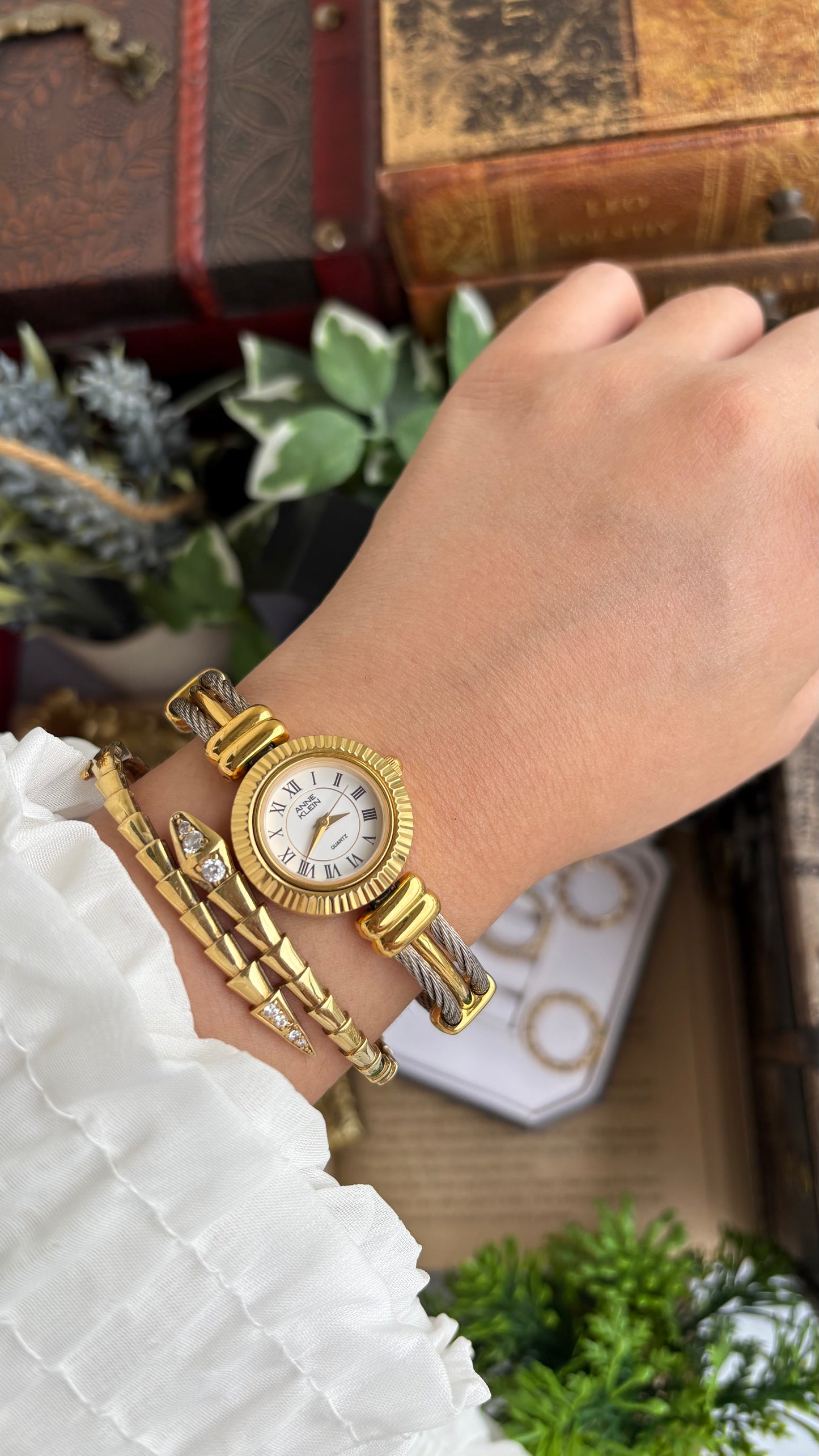 Extremely Rare Charriol-Inspired Vintage Anne Klein Interchangeable Bezel Set Bangle Watch in Two-Tone