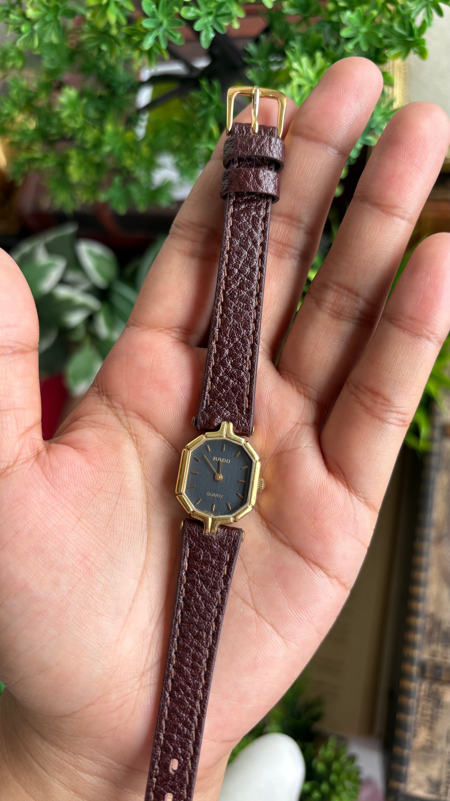 Vintage RADO Women’s Dress Watch in Brown Leather Strap Black Dial