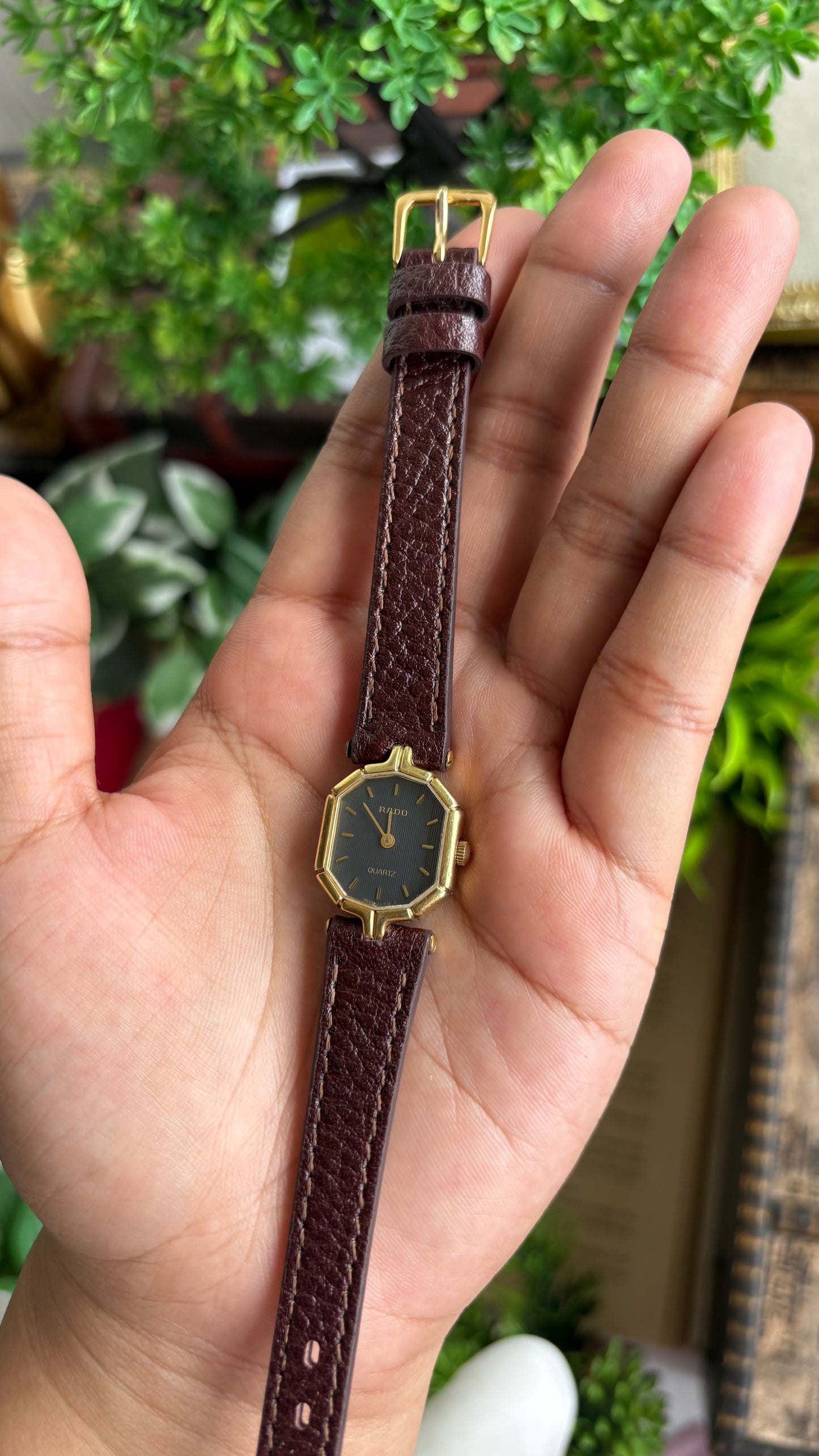 Vintage RADO Women’s Dress Watch in Brown Leather Strap Black Dial