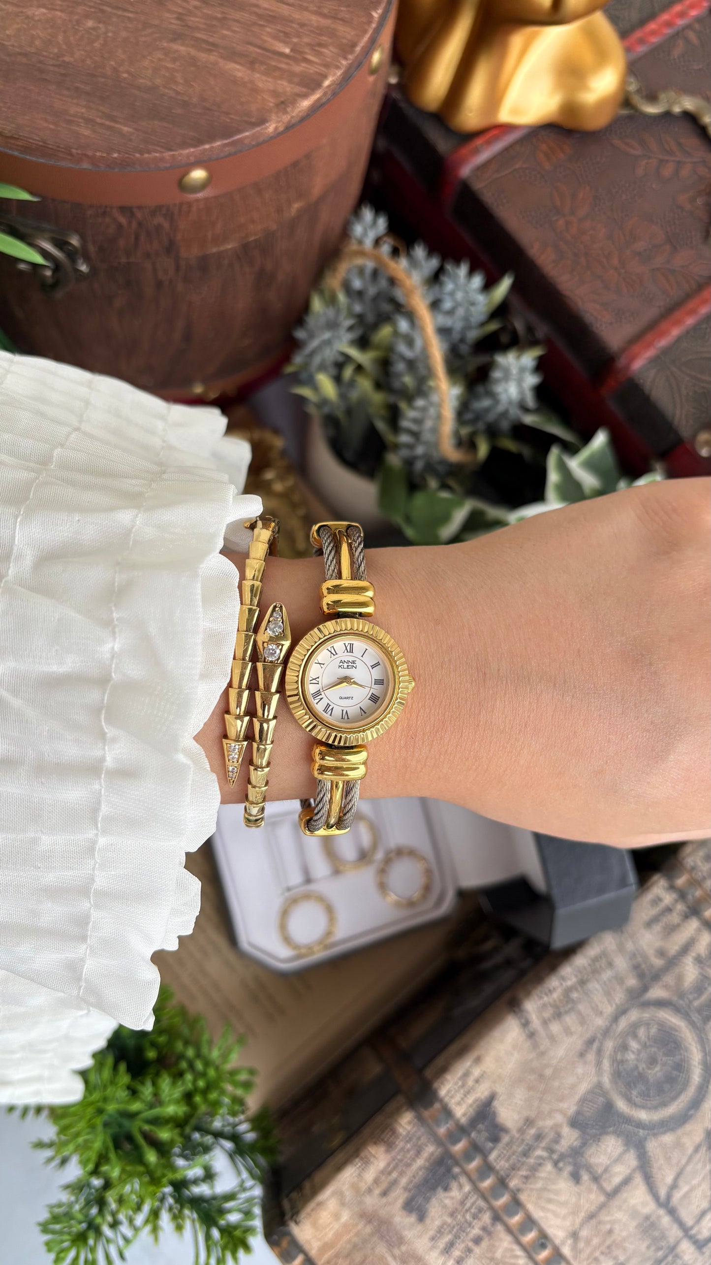 Extremely Rare Charriol-Inspired Vintage Anne Klein Interchangeable Bezel Set Bangle Watch in Two-Tone