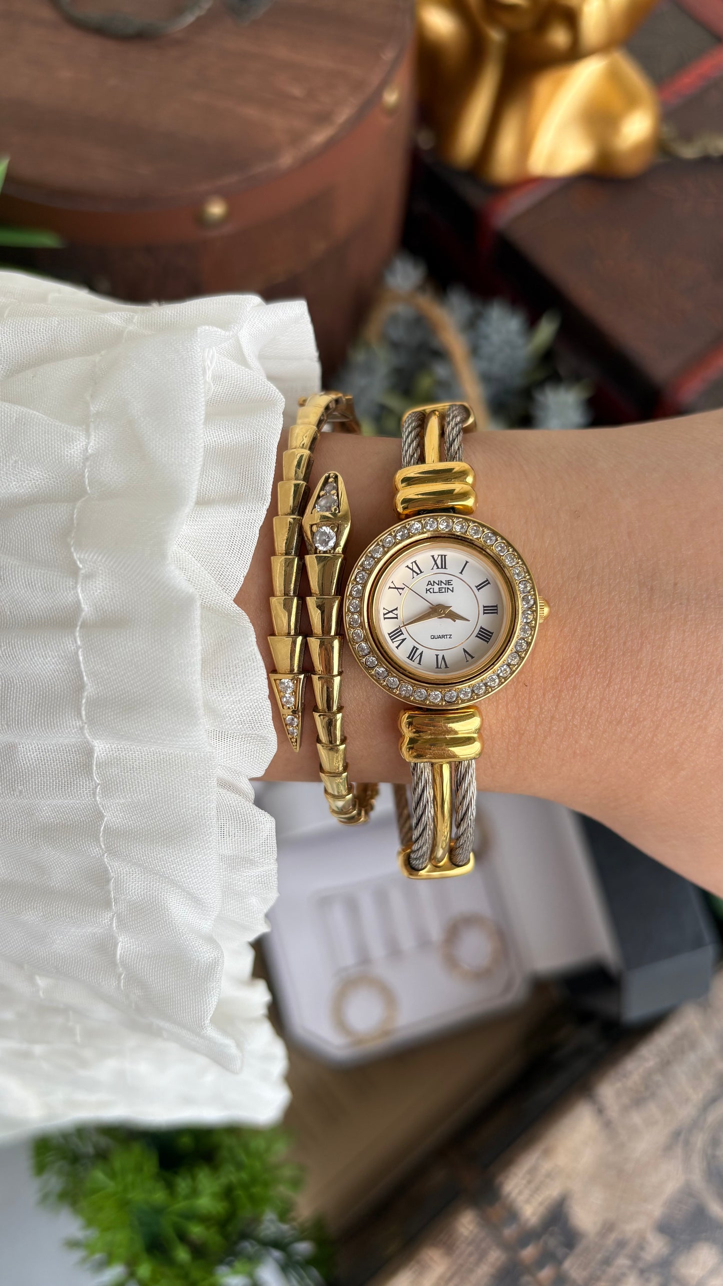 Extremely Rare Charriol-Inspired Vintage Anne Klein Interchangeable Bezel Set Bangle Watch in Two-Tone