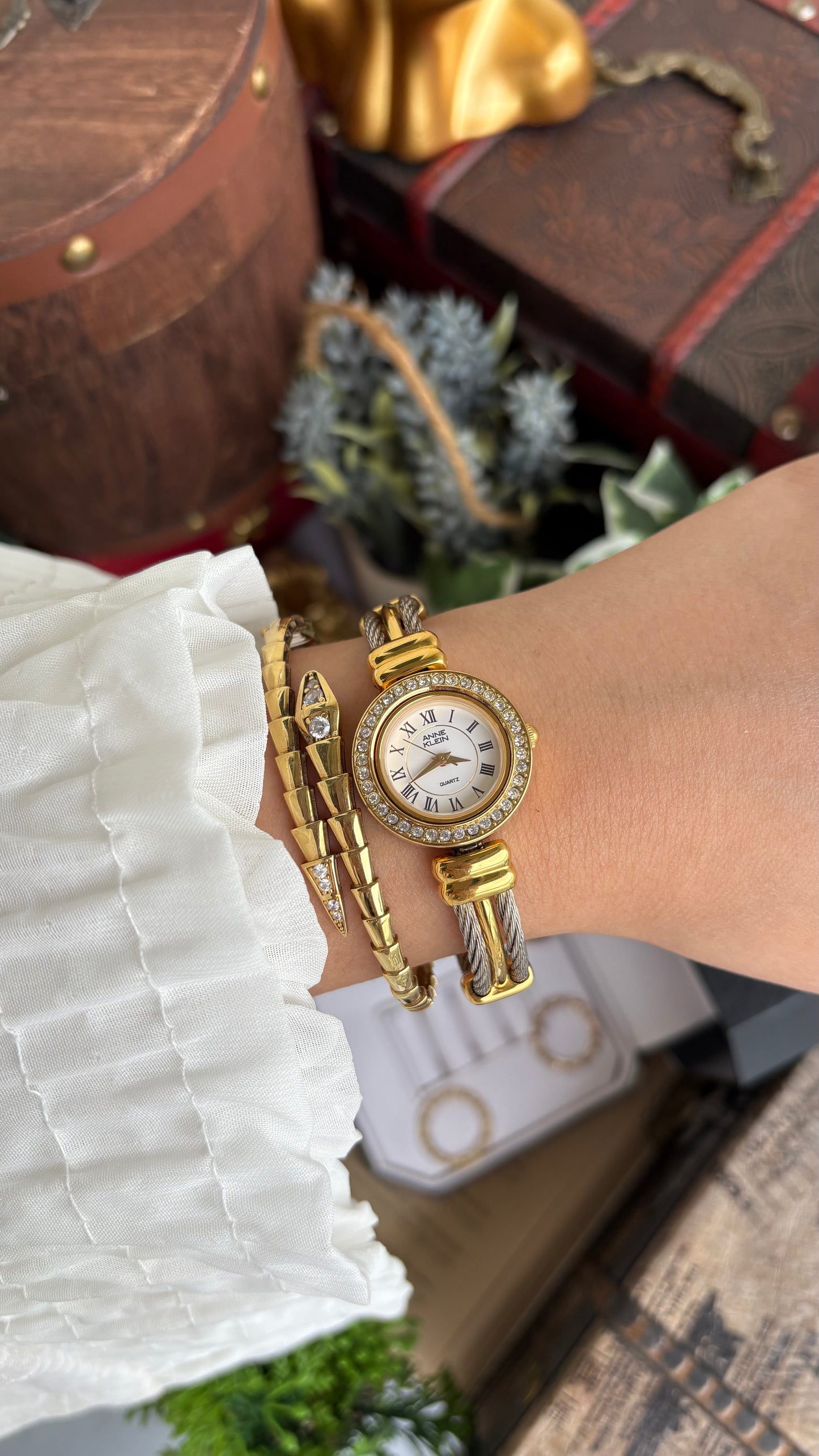 Extremely Rare Charriol-Inspired Vintage Anne Klein Interchangeable Bezel Set Bangle Watch in Two-Tone